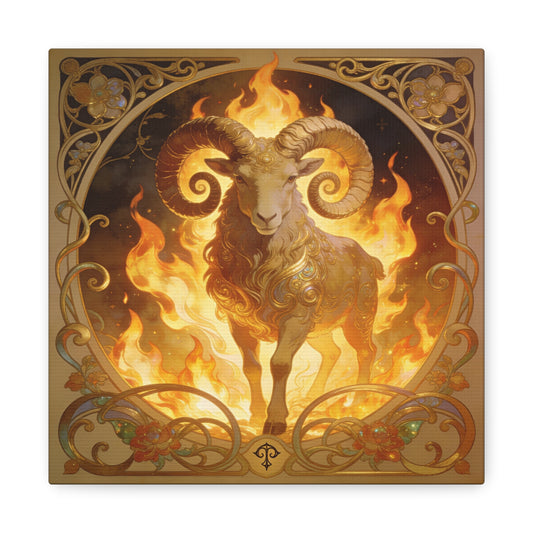 Aries Ram Canvas Wall Art - Fiery Zodiac Illustration, Ornate Gold Nouveau Design - Matte Cotton Art Print - Bohemian Astrology Decor, Bedroom Home Decoration, Office Wall Art - Modern Farmhouse Style