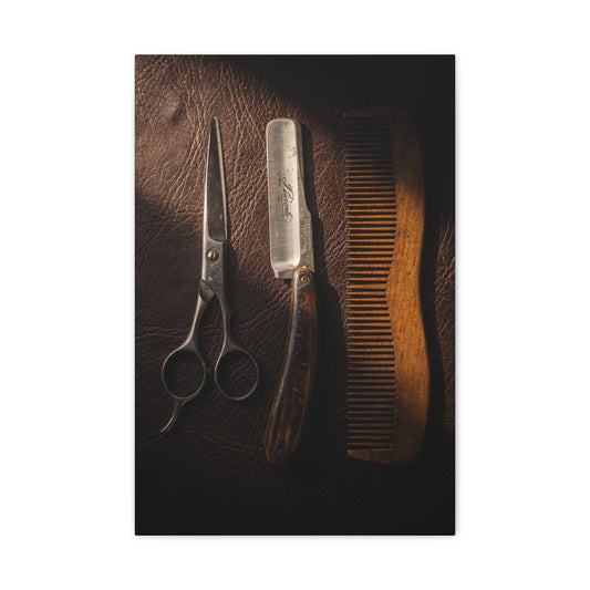 Vintage Barber Tools Canvas Wall Art - Scissors, Straight Razor, Wooden Comb Still Life - Rustic Art Print - Traditional Barbershop Decor, Salon Wall Accent, Home Office Display