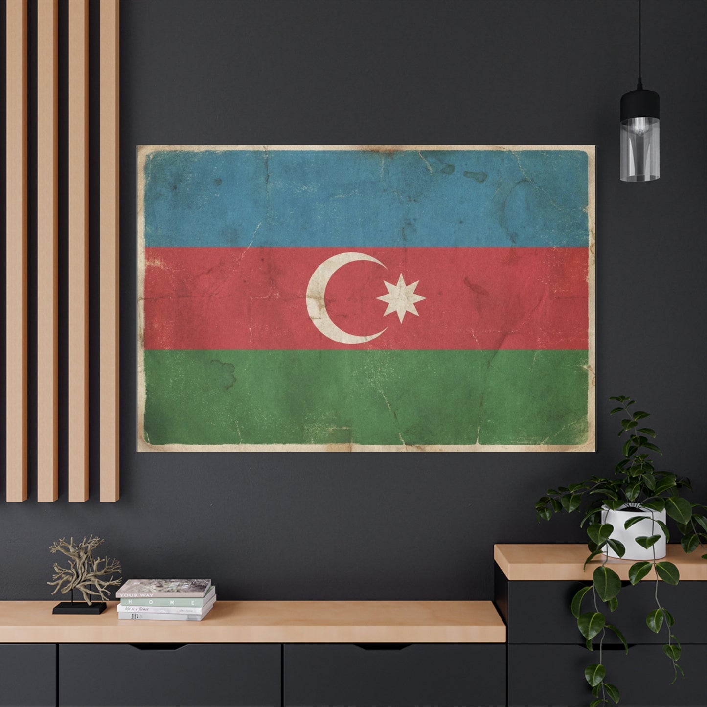 Azerbaijan Flag Canvas Wall Art - Vintage Distressed Crescent Star Print - Patriotic Heritage Decor, Rustic Style, Living Room Wall Decor, Office Art - Bedroom Home Decoration - Modern Farmhouse Style