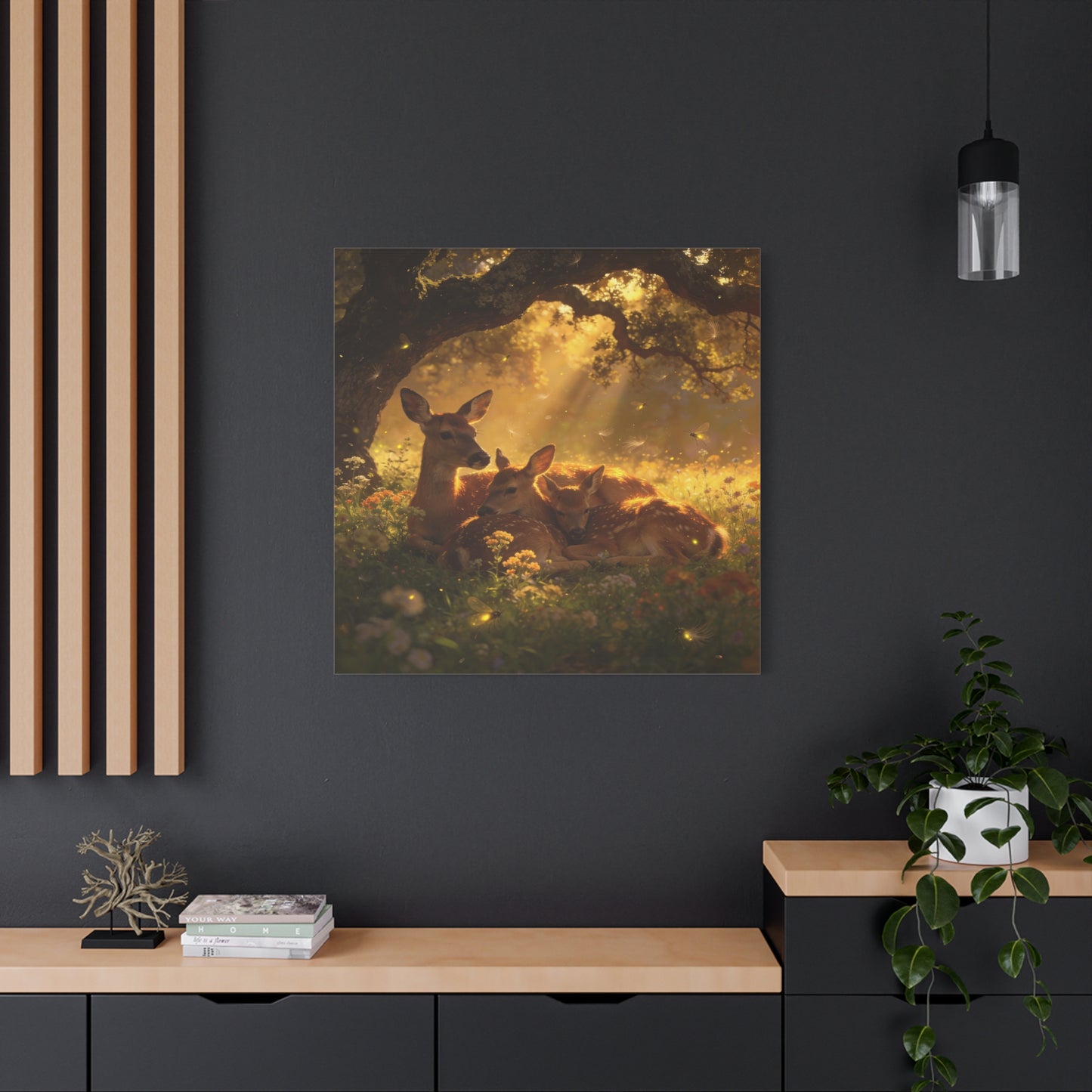 Doe And Fawns Canvas Wall Art - Woodland Deer Family In Golden Light, Whimsical Nature Scene - Matte Finish Cotton Print - Rustic Traditional Style - Bedroom Wall Decor - Bedroom Home Decoration