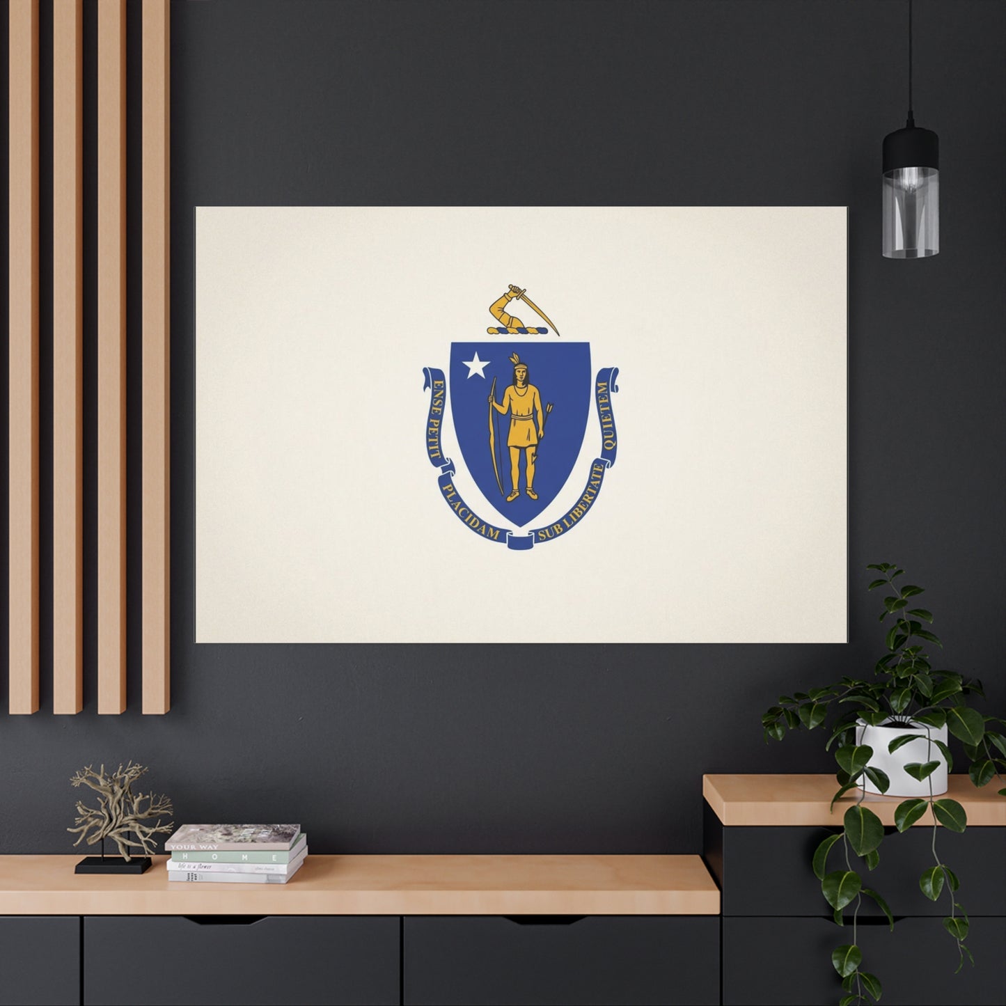 Massachusetts State Flag Canvas Wall Art - Ense Petit Placidam Sub Libertate Quietem - Blue Shield Native American Crest - Minimalist Patriotic Decor - Living Room Wall Decor - Bedroom Home Decoration