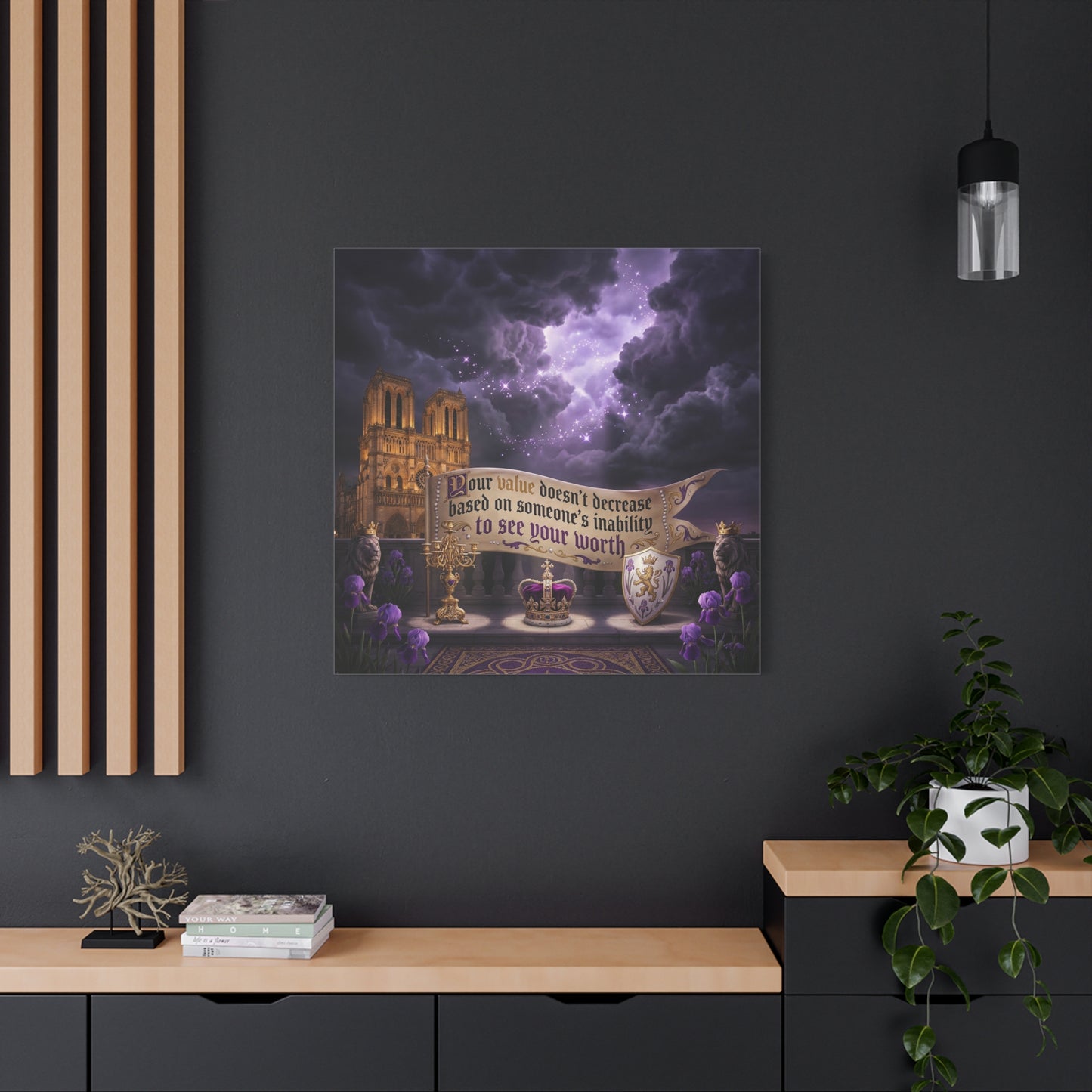 "Your Value Doesn't Decrease Based On Someone's Inability To See Your Worth" Canvas Wall Art - Gothic Cathedral, Purple Sky, Crown And Lions - Inspirational Home Decor - Living Room Bedroom