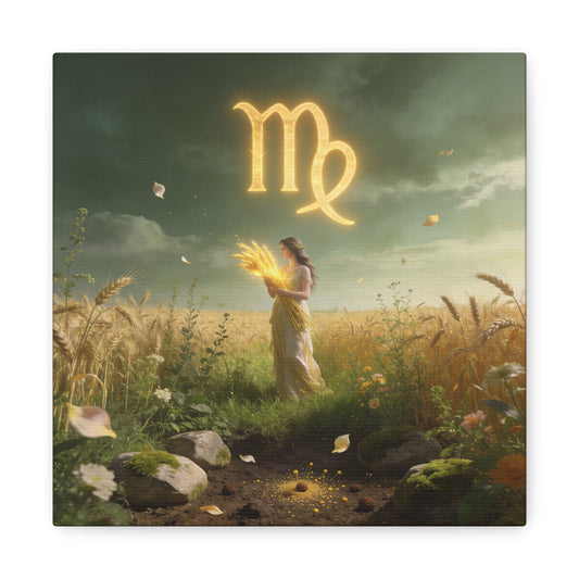 Virgo Zodiac Canvas Wall Art - Glowing Virgo Symbol, Woman In Wheat Field - Mystical Celestial Illustration, Matte Canvas Print - Bedroom Wall Decor, Meditation Space Accent - Bedroom Home Decoration