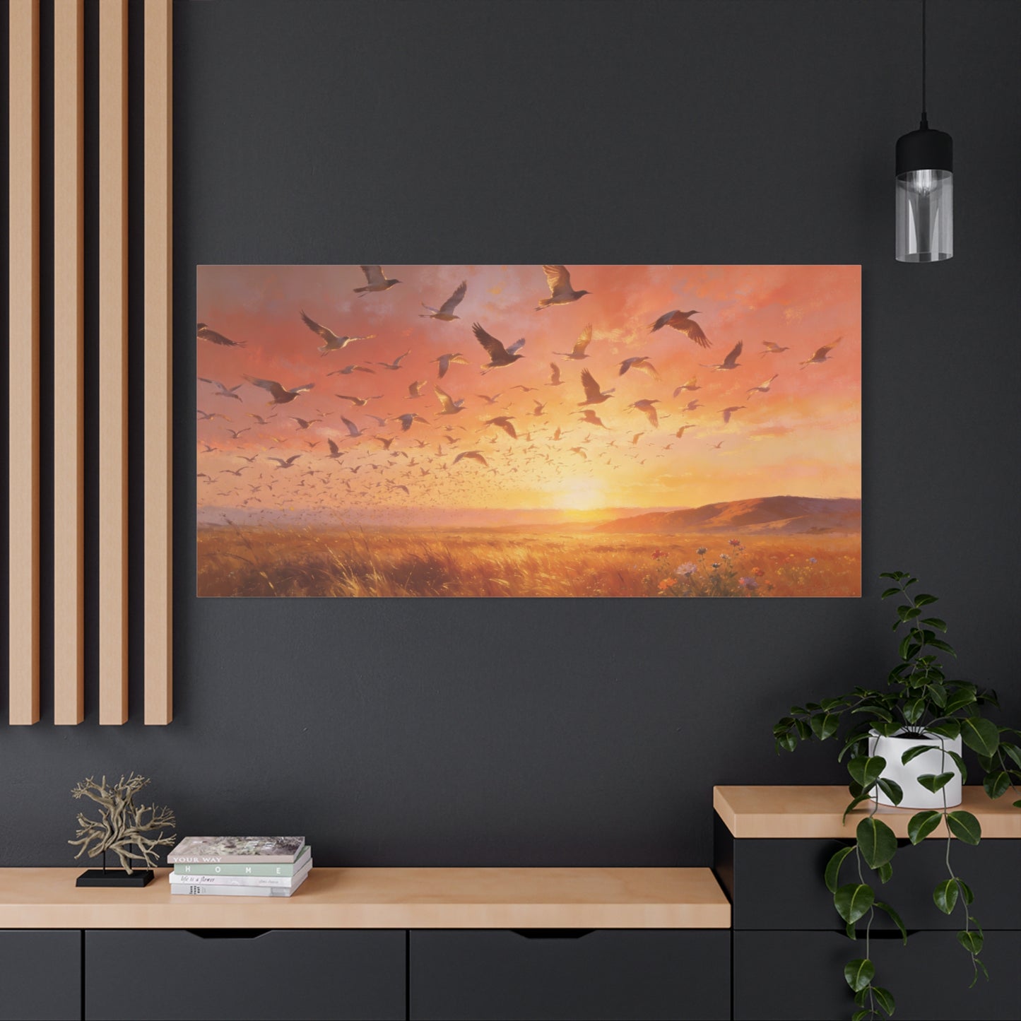 Flock Of Seabirds Canvas Wall Art - Sunset Meadow Landscape Print, Warm Golden Sky, Painterly Nature Scene - Contemporary Style - Living Room Wall Decor Bedroom Decoration - Bedroom Home Decoration