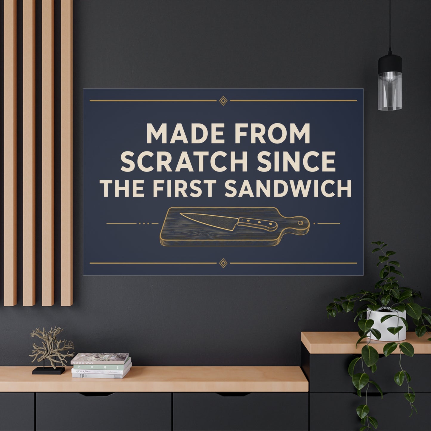 "Made From Scratch Since The First Sandwich" Canvas Wall Art - Quote Print, Navy And Gold Typography, Cutting Board Knife Illustration, Farmhouse Decor - Deli Wall Decor - Sandwich Shop Sign