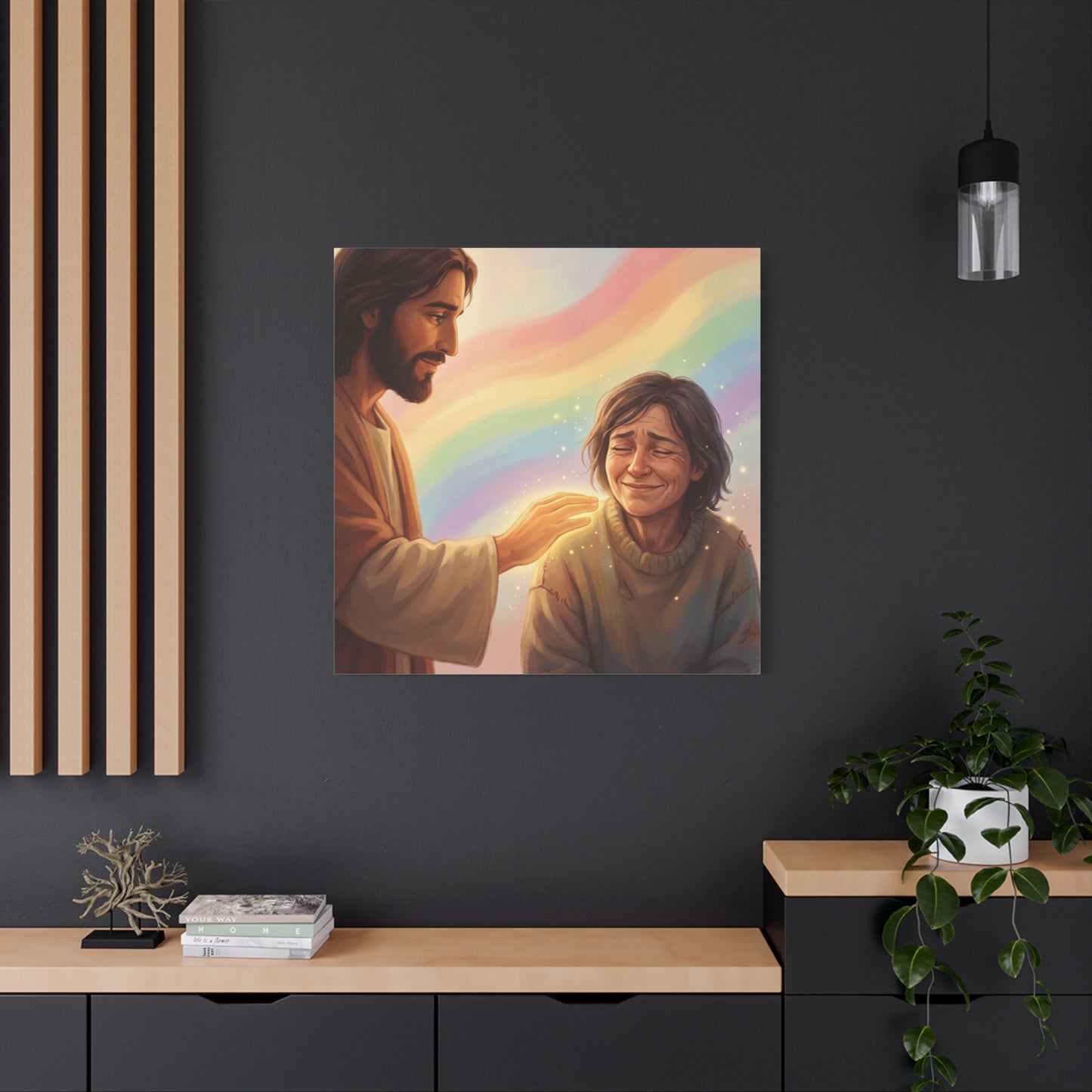 Jesus Christ Comforting Woman Canvas Wall Art - Rainbow Christian Wall Decor, Faith Home Decoration - Matte Canvas Print, Inspirational Religious Artwork - Living Room Bedroom Office - Ready to Hang