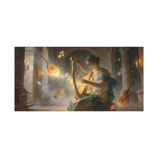 Woman Playing Harp Canvas Wall Art - Romantic Music Painting, Glowing Notes, Violin And Lute - Matte Cotton Print - Traditional Style, Living Room Wall Decor, Bedroom Accent - Bedroom Home Decoration