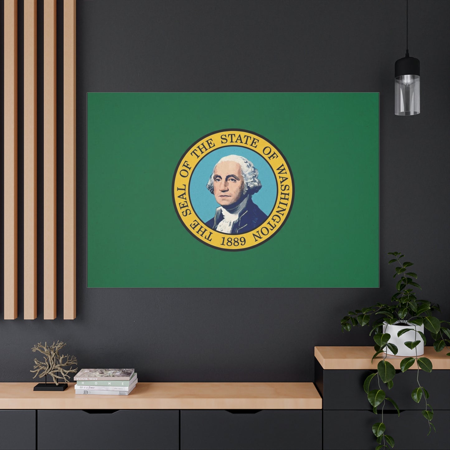 "THE SEAL OF THE STATE OF WASHINGTON 1889" Flag Canvas Wall Art - George Washington State Pride Decor - Green Gold Historic Print - Living Room Home Decoration, Office Wall Accent - Ready to Hang
