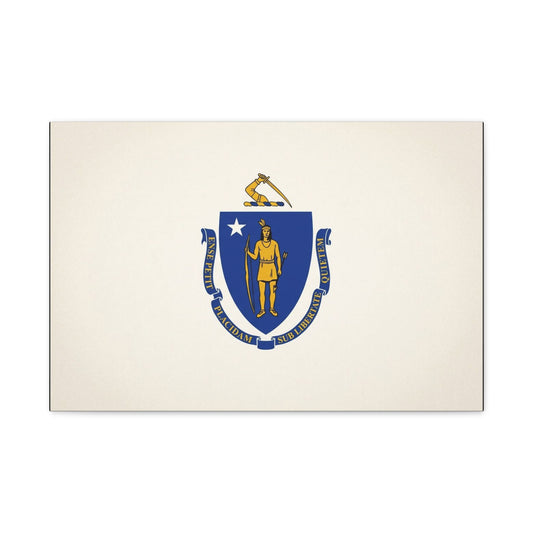 Massachusetts State Flag Canvas Wall Art - Ense Petit Placidam Sub Libertate Quietem - Blue Shield Native American Crest - Minimalist Patriotic Decor - Living Room Wall Decor - Bedroom Home Decoration