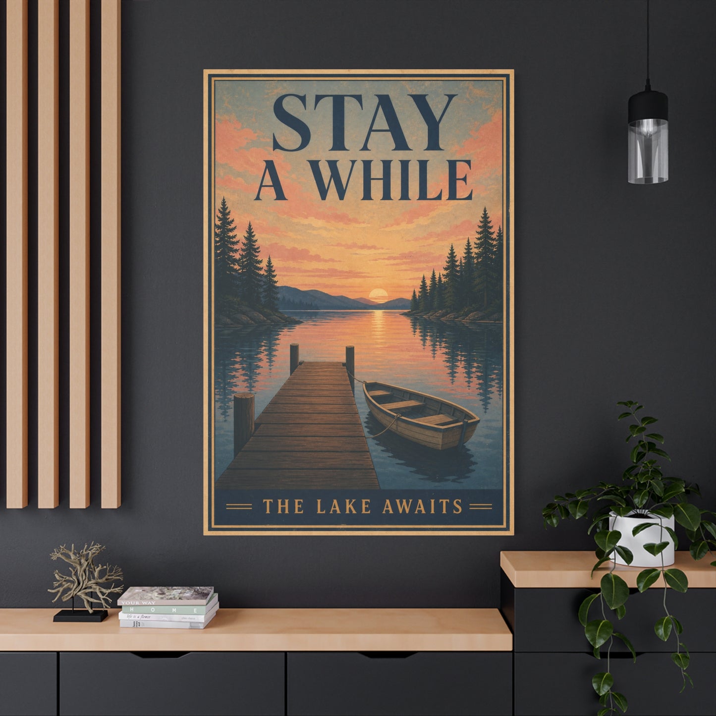 "Stay A While The Lake Awaits" Lake Sunset Canvas Wall Art - Vintage Dock And Rowboat Landscape Print, Rustic Cabin Decor, Bedroom Home Decoration, Entryway Accent - Office Wall Art - Ready to Hang