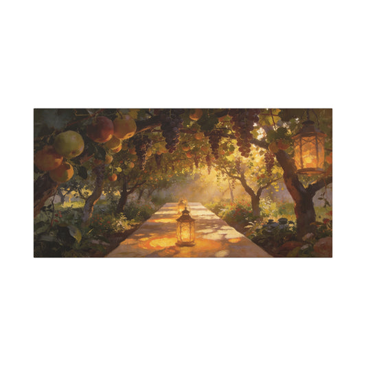 Fruit Orchard Canvas Wall Art - Lantern Lit Garden Path, Grape Vine And Apple Tree Painting - Matte Cotton Print, Rustic Traditional Style - Living Room Wall Decor, Bedroom Accent - Ready to Hang