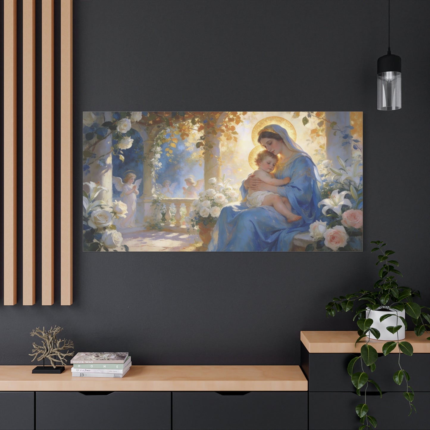 Virgin Mary And Baby Jesus Canvas Wall Art - Religious Madonna Lily Rose Painting - Traditional Blue Gold Sacred Nursery Style - Bedroom Wall Decor, Christian Home Accent - Bedroom Home Decoration