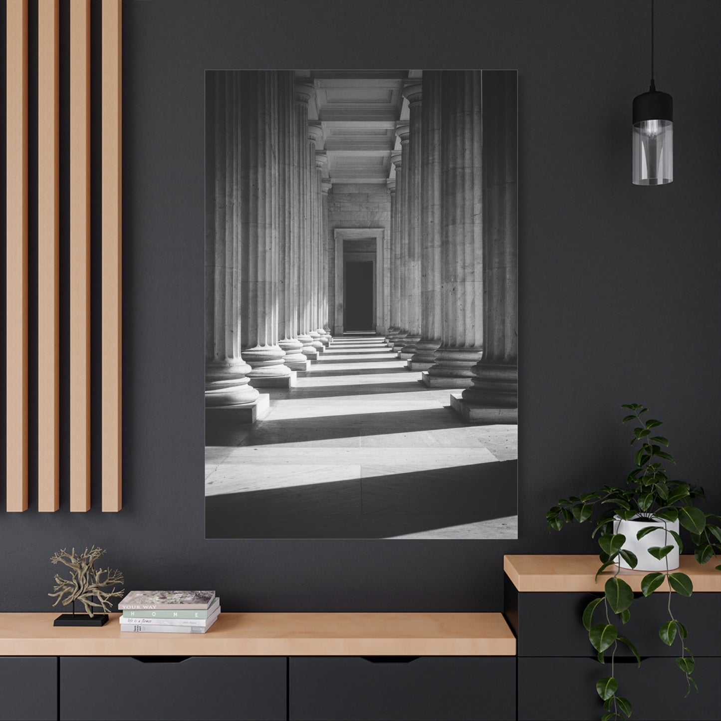 Black And White Classical Column Hallway Canvas Wall Decor - Architectural Art Print, Dramatic Light And Shadow, Minimalist Interior Accent - Living Room Decoration Office Display