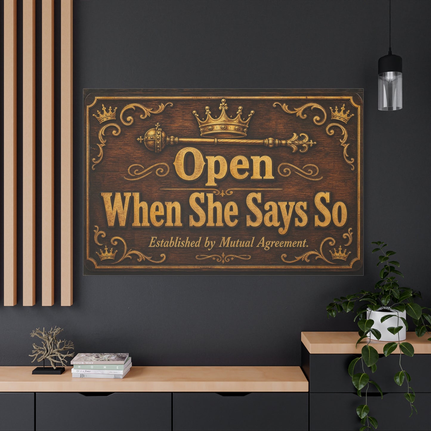"Open When She Says So" Canvas Wall Art - Vintage Crown Scepter Typography Sign - Rustic Brown Gold Humor Decor - Man Cave Living Room Wall Decor - Bedroom Home Decoration - Bedroom Home Decoration