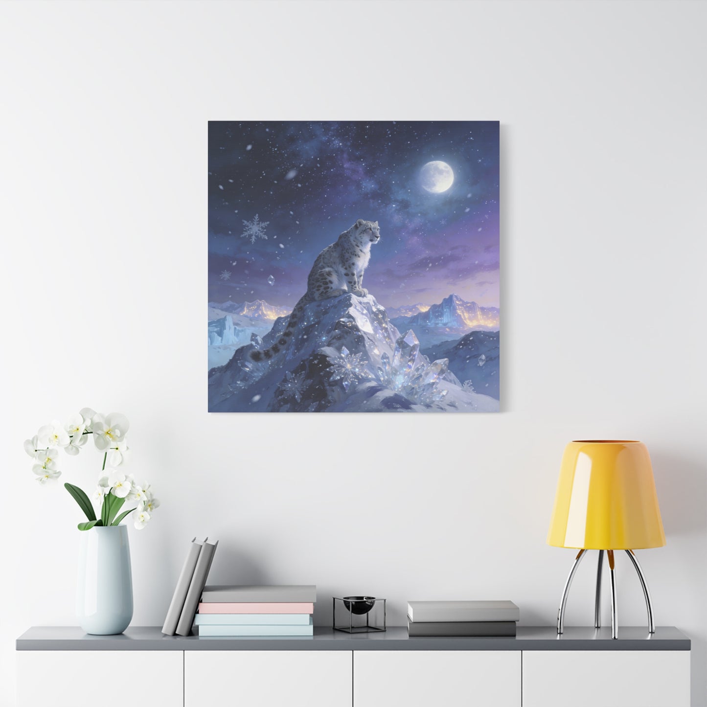 Snow Leopard Canvas Wall Art - Moonlit Arctic Crystal Landscape, Fantasy Wildlife Print - Matte Cotton Canvas - Contemporary Winter Style - Living Room Wall Decor Bedroom Home Decoration