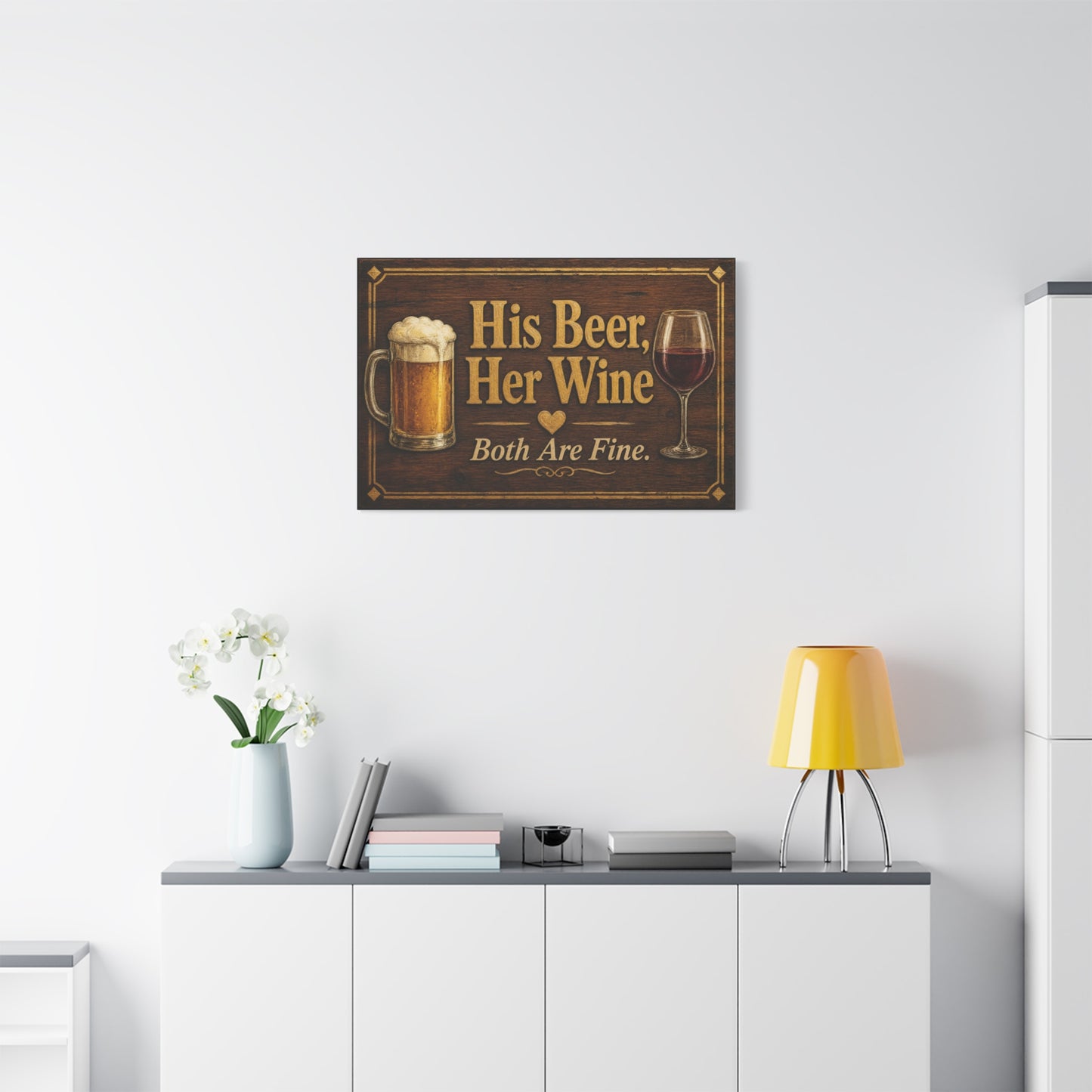 "His Beer, Her Wine Both Are Fine." Canvas Wall Art - Rustic Bar Sign, Beer Mug And Red Wine Glass Quote Print - Vintage Brown Wood Look Typography - Pub Wall Art - Cocktail Lounge Decor