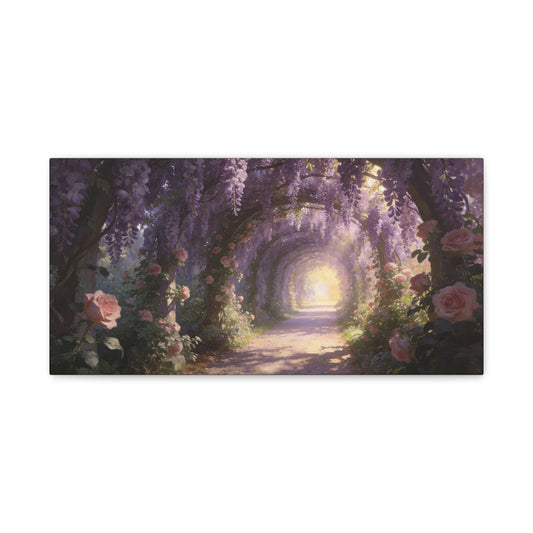 Wisteria Rose Garden Path Canvas Wall Art - Dreamy Floral Tunnel, Luminous Painterly Scene - Gallery Wrapped Cotton Print - Bedroom Wall Decor, Bohemian Home Accent - Bedroom Home Decoration