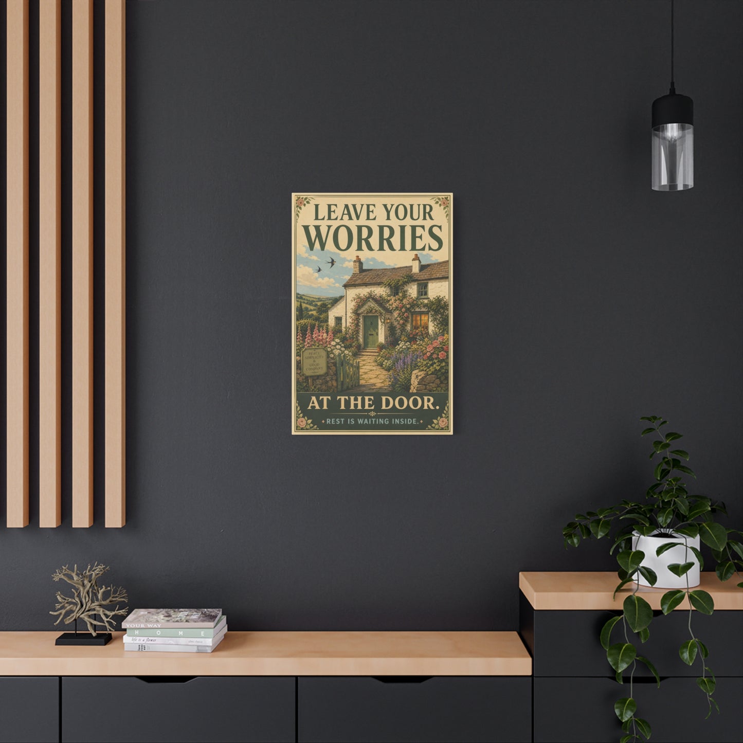 "Leave Your Worries At The Door. Rest Is Waiting Inside." Canvas Wall Art - Vintage Cottage Garden Quote Print, Floral Farmhouse Style, Bedroom Home Decoration, Entryway Decor - Living Room Wall Decor