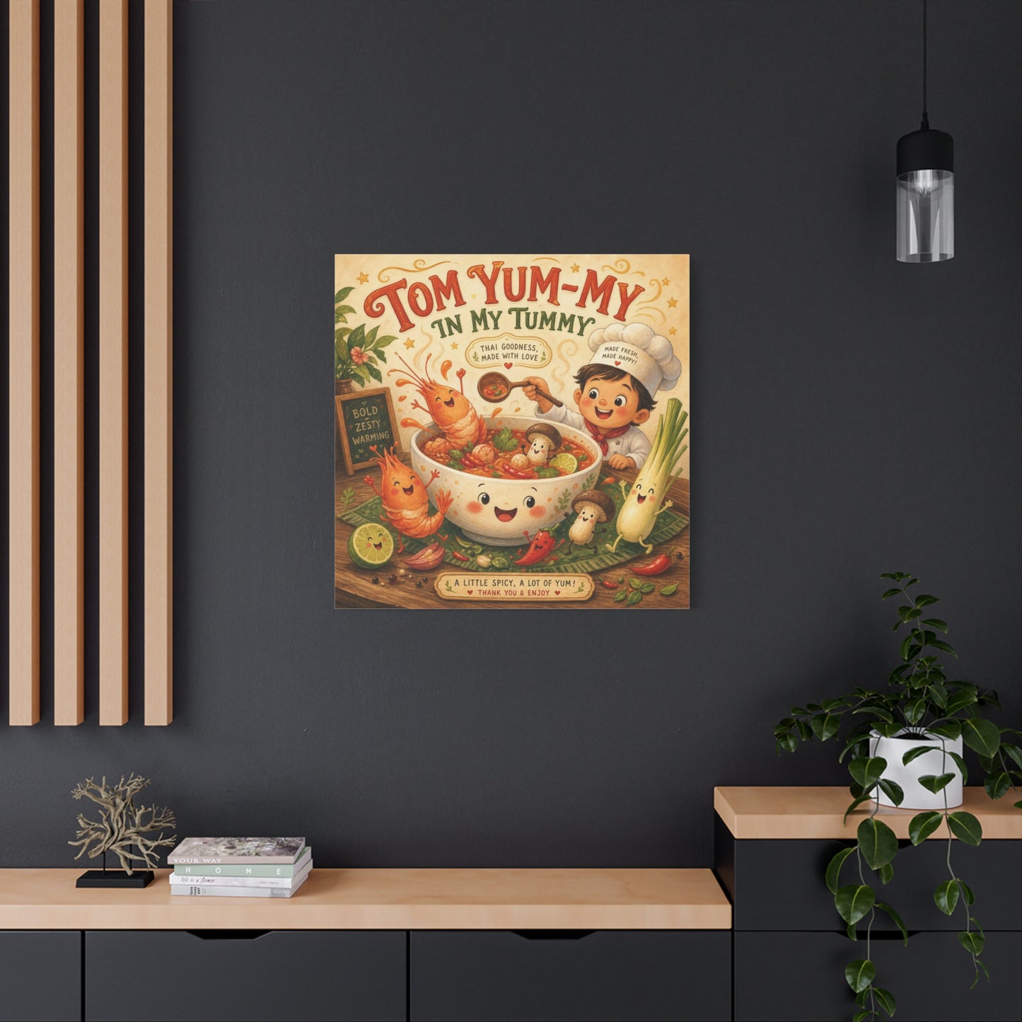 "Tom Yum-My In My Tummy" Canvas Wall Art - Cute Thai Soup Chef Illustration, Whimsical Kitchen Decor - Matte Cotton Canvas Print - Vintage Style Dining Room Wall Decor - Bedroom Home Decoration