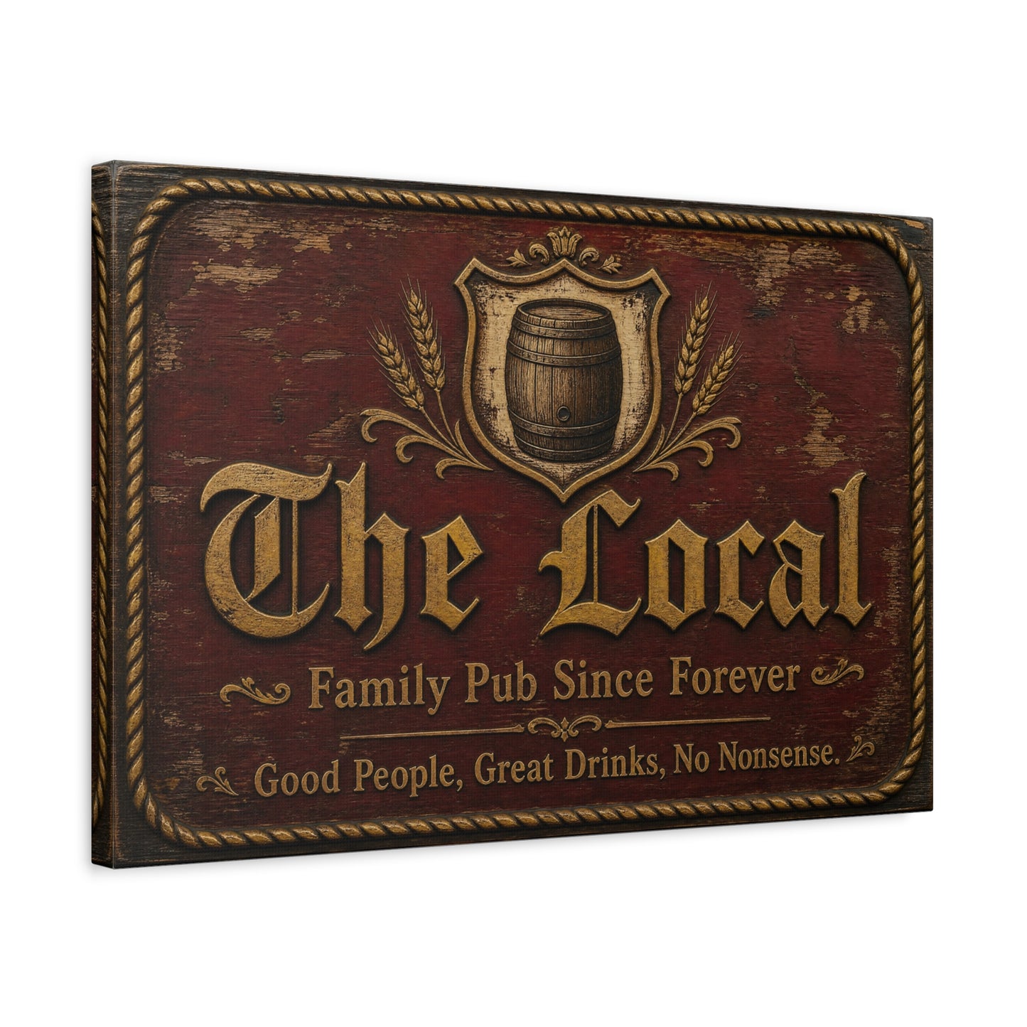 "The Local" Vintage Pub Canvas Wall Art - Rustic Tavern Sign, Barrel Crest Typography - Distressed Wood Look, Traditional Style - Bar Room Decor, Man Cave Accent, Restaurant Wall Hanging