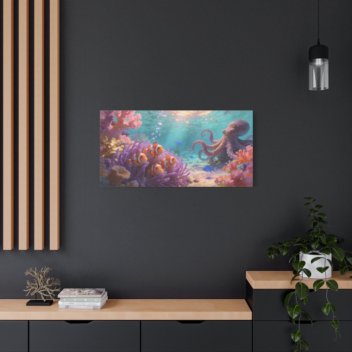 Clownfish And Octopus Canvas Wall Art - Whimsical Underwater Coral Reef Scene, Ocean Nursery Decor, Coastal Style, Matte Canvas Print, Bedroom Decoration, Playroom Accent, Office Art - Ready to Hang