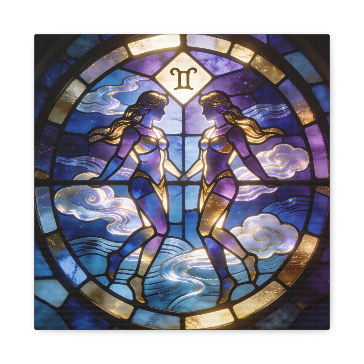 Gemini Zodiac Canvas Wall Art - Stained Glass Twin Women Celestial Print, Blue Purple Gold Astrology Decor - Modern Mystical Artwork - Bedroom Home Decoration Office Wall Art - Bedroom Home Decoration