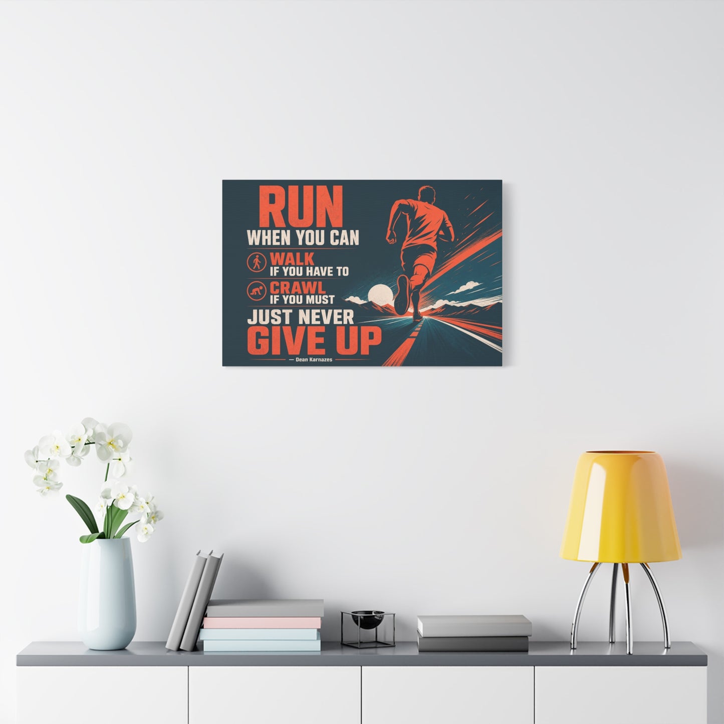 "Run When Able Walk If Needed Crawl If Required Just Never Give Up" Motivational Canvas Wall Art - Runner Road Quote Print, Retro Typography, Gym Wall Hanging - Ready to Hang - Fitness Studio Art