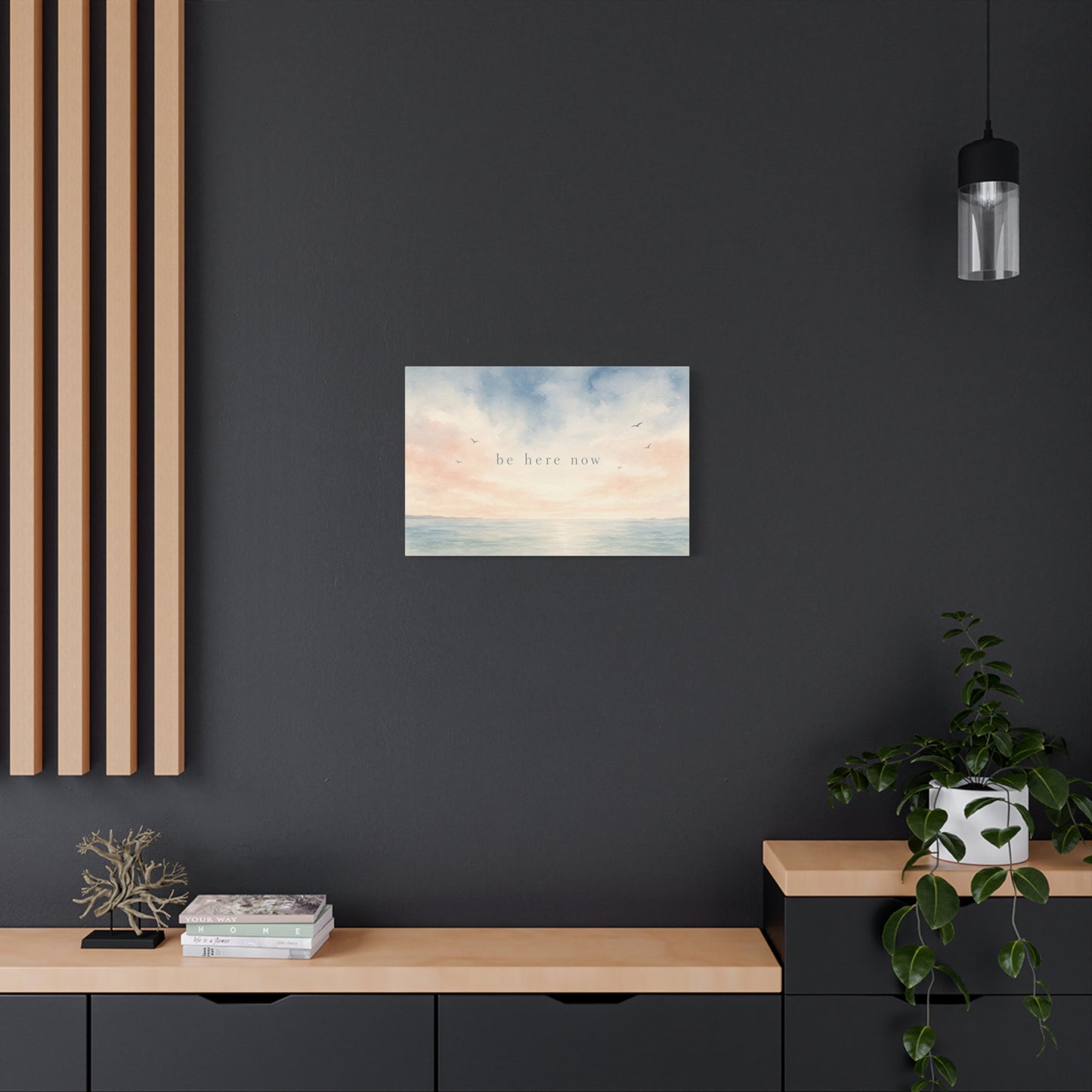 "Be Here Now" Coastal Canvas Wall Art - Pastel Ocean Seascape With Birds - Minimalist Inspirational Wall Decor - Serene Bedroom Home Decoration - Meditation Space Office Art - Bedroom Home Decoration