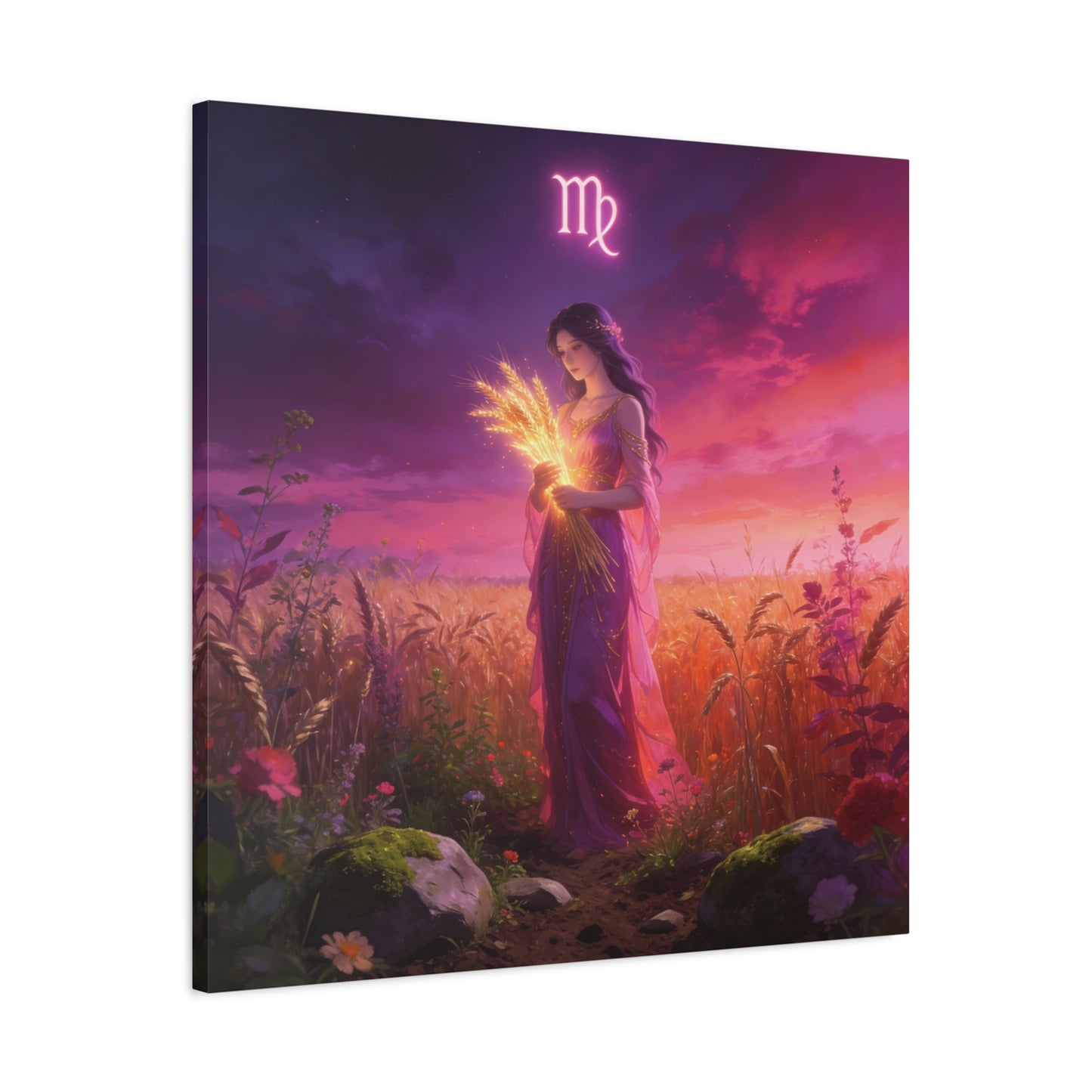 Virgo Zodiac Canvas Wall Art - Maiden Holding Glowing Wheat, Purple Twilight Field - Fantasy Illustration, Matte Canvas Print - Bedroom Wall Decor, Meditation Space Accent - Bedroom Home Decoration