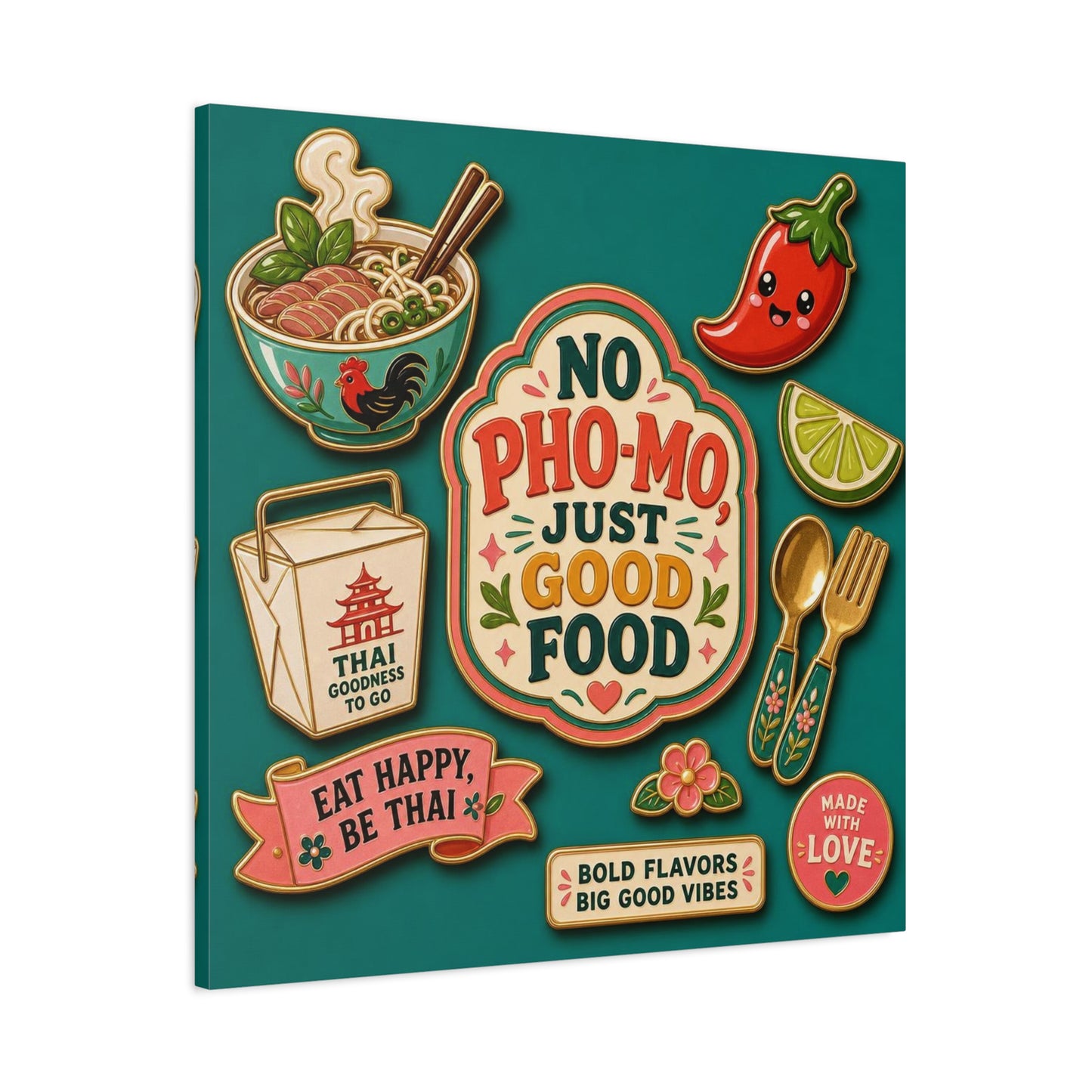 "No Pho-Mo Just Good Food" Canvas Wall Art - Thai Food Quote Kitchen Decor - Colorful Illustration Print, Retro Typography Style - Dining Room Accent, Cafe Wall Decor - Bedroom Home Decoration