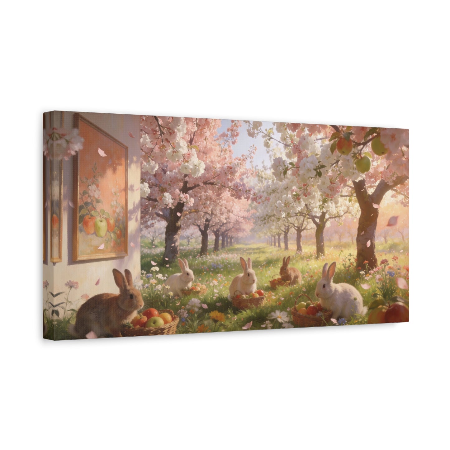 Cherry Blossom Rabbit Canvas Wall Art - Spring Orchard Bunnies, Apple Basket Meadow Scene - Matte Cotton Print, Pastel Floral Style - Bedroom Wall Decor, Nursery Home Decoration - Ready to Hang
