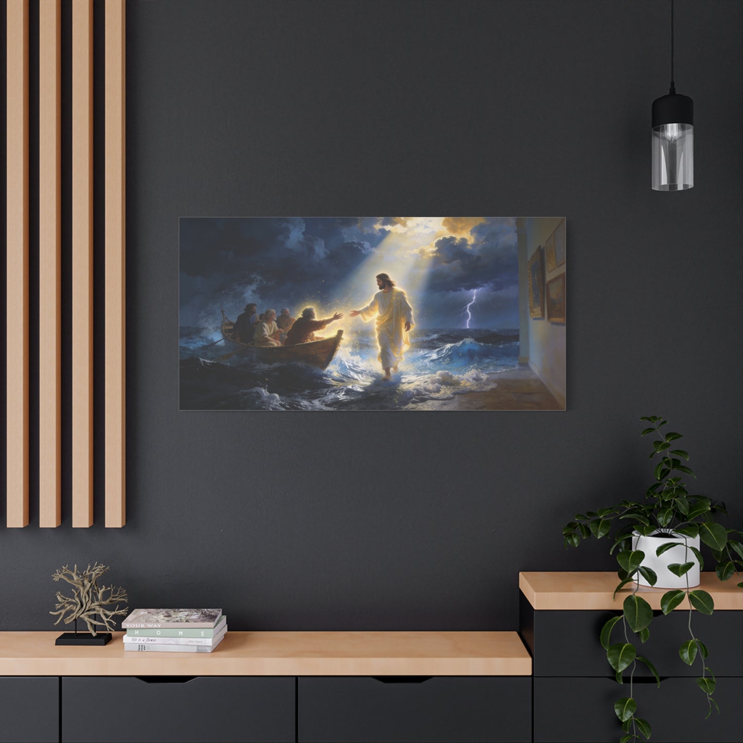Jesus Christ Walking On Water Canvas Wall Art - Storm Sea Disciples Boat, Religious Christian Decor - Luminous Matte Canvas Print - Traditional Style, Living Room Wall Decor - Bedroom Home Decoration
