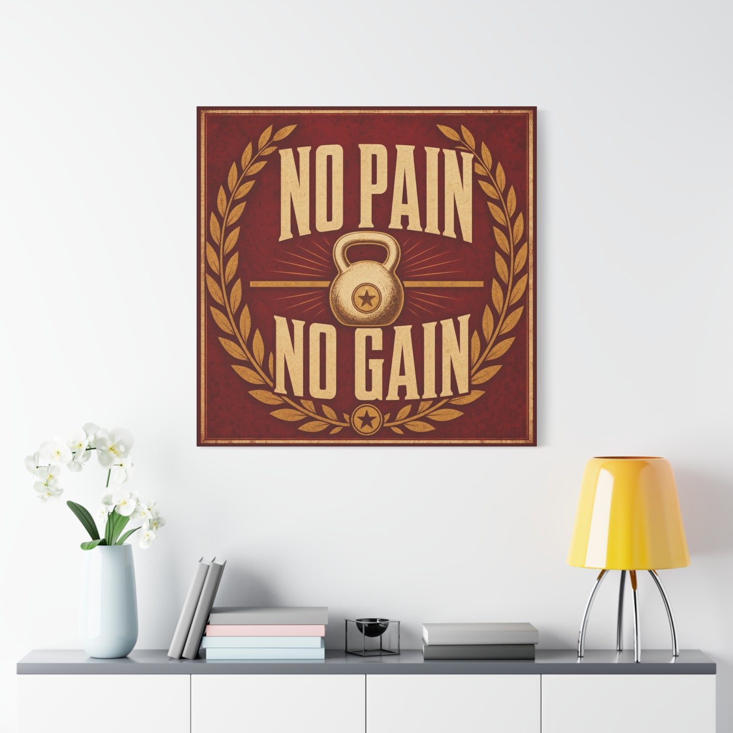 "No Pain No Gain" Kettlebell Canvas Wall Art - Vintage Gym Quote Decor, Rustic Typography Print, Motivational Fitness Poster Style - Room Decoration - Ready to Hang - Gym Wall Decor - HP Latex Print