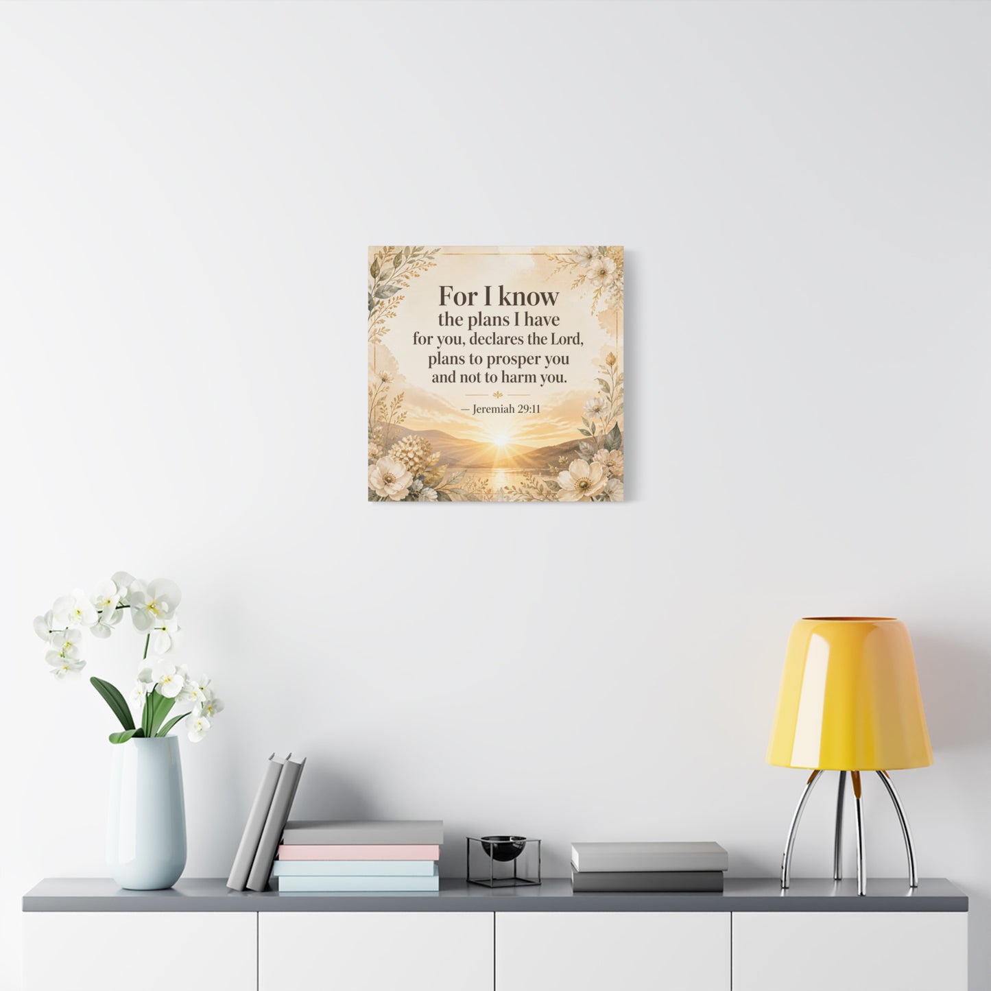 "For I Know The Plans I Have For You" Bible Verse Canvas Wall Art - Jeremiah 29:11 Floral Scripture Print, Gold Sunrise Landscape, Christian Wall Decor For Bedroom, Living Room - Ready to Hang