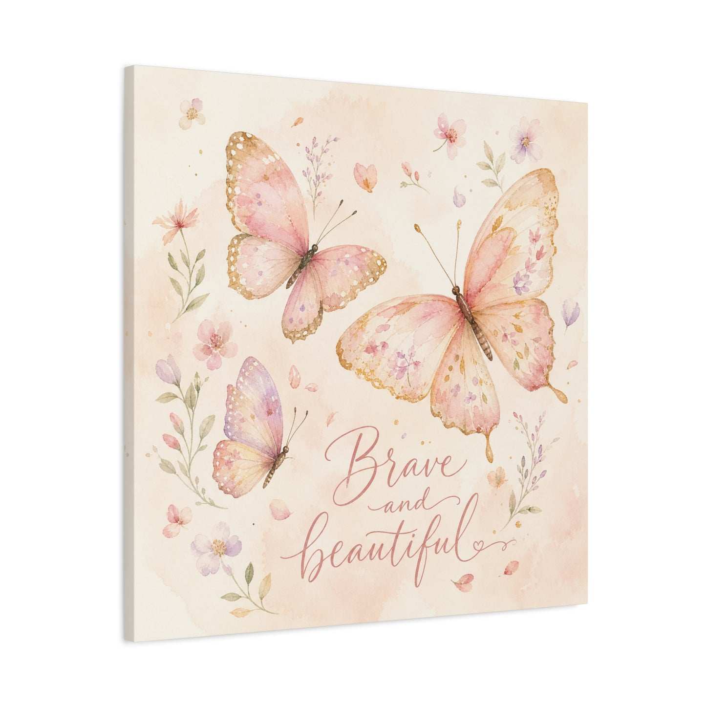 "Brave And Beautiful" Butterfly Canvas Wall Art - Pink Floral Watercolor Quote Print - Inspirational Girls Bedroom Decor - Nursery Wall Hanging - Bedroom Home Decoration - Modern Farmhouse Style