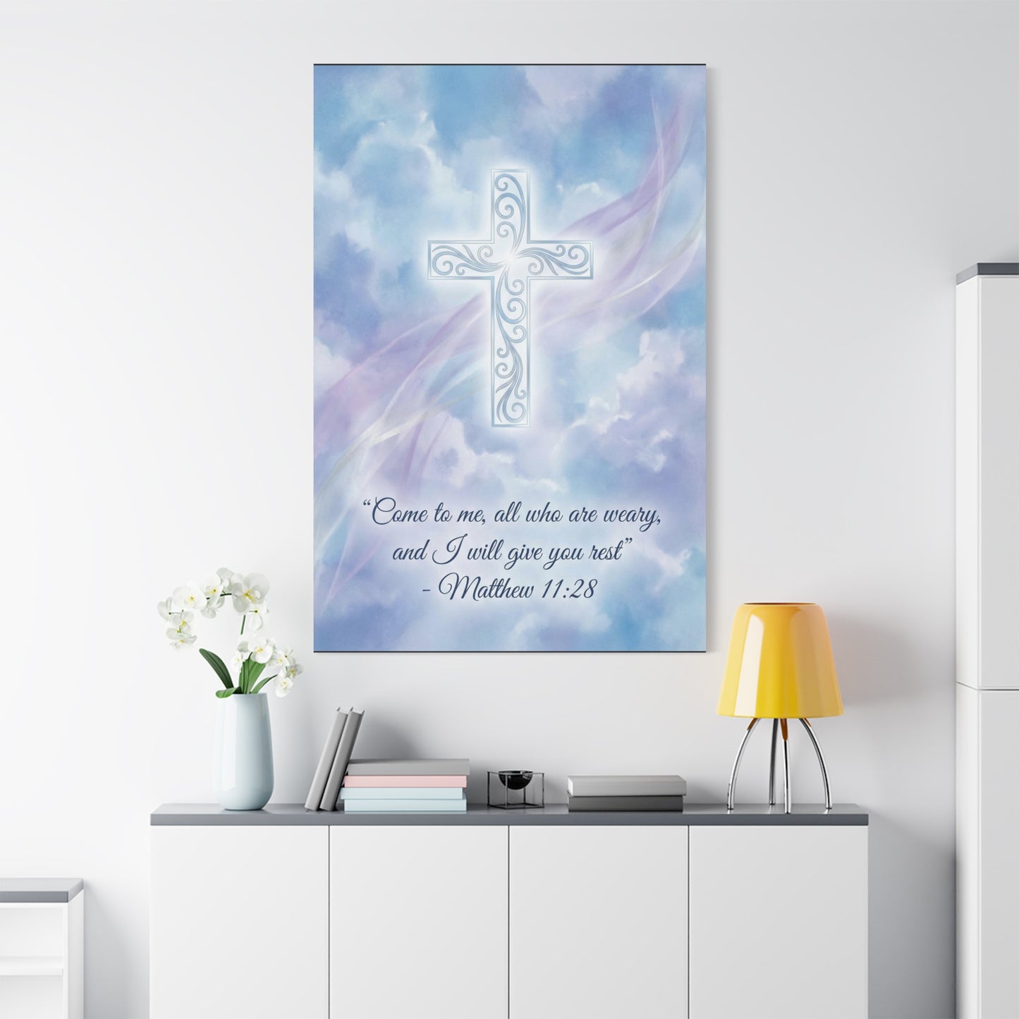 "Come To Me, All Who Are Weary, And I Will Give You Rest" Cross Canvas Wall Art - Matthew 11:28 Scripture Decor, Traditional Christian Wall Hanging, Serene Bedroom Living Room Accent - Ready to Hang