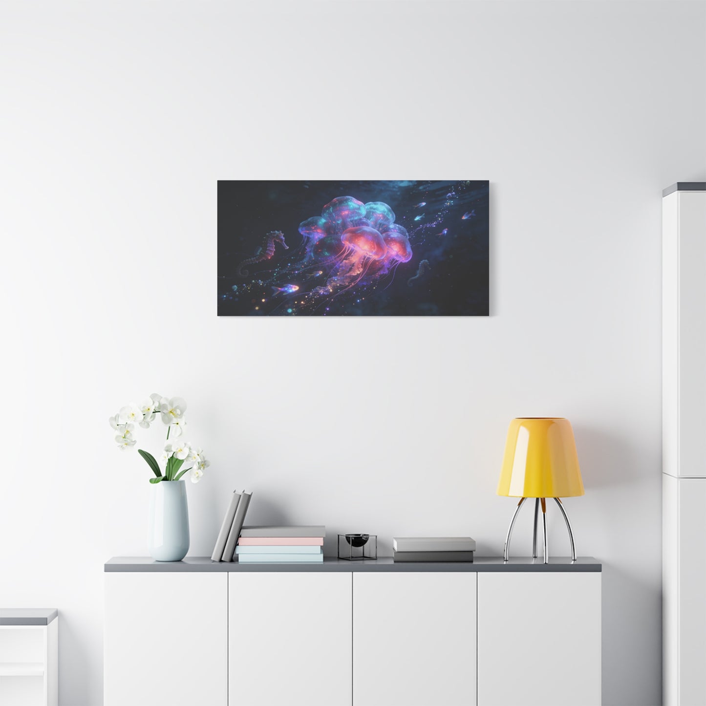 Glowing Jellyfish Canvas Wall Art - Luminous Underwater Sea Life, capiz shells wall decor - Dreamy Ocean Fantasy Cotton Canvas Print - Contemporary Bedroom Living Room Decor - Bedroom Home Decoration