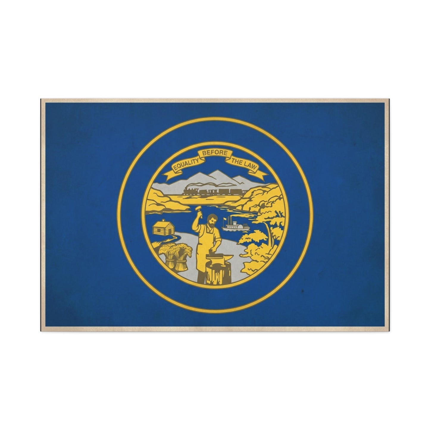 "Equality Before The Law" Kansas State Flag Canvas Wall Art - Blue Gold Sunflower State Seal Print - Vintage Americana Style, Living Room Wall Decor, Office Home Decoration - Bedroom Home Decoration