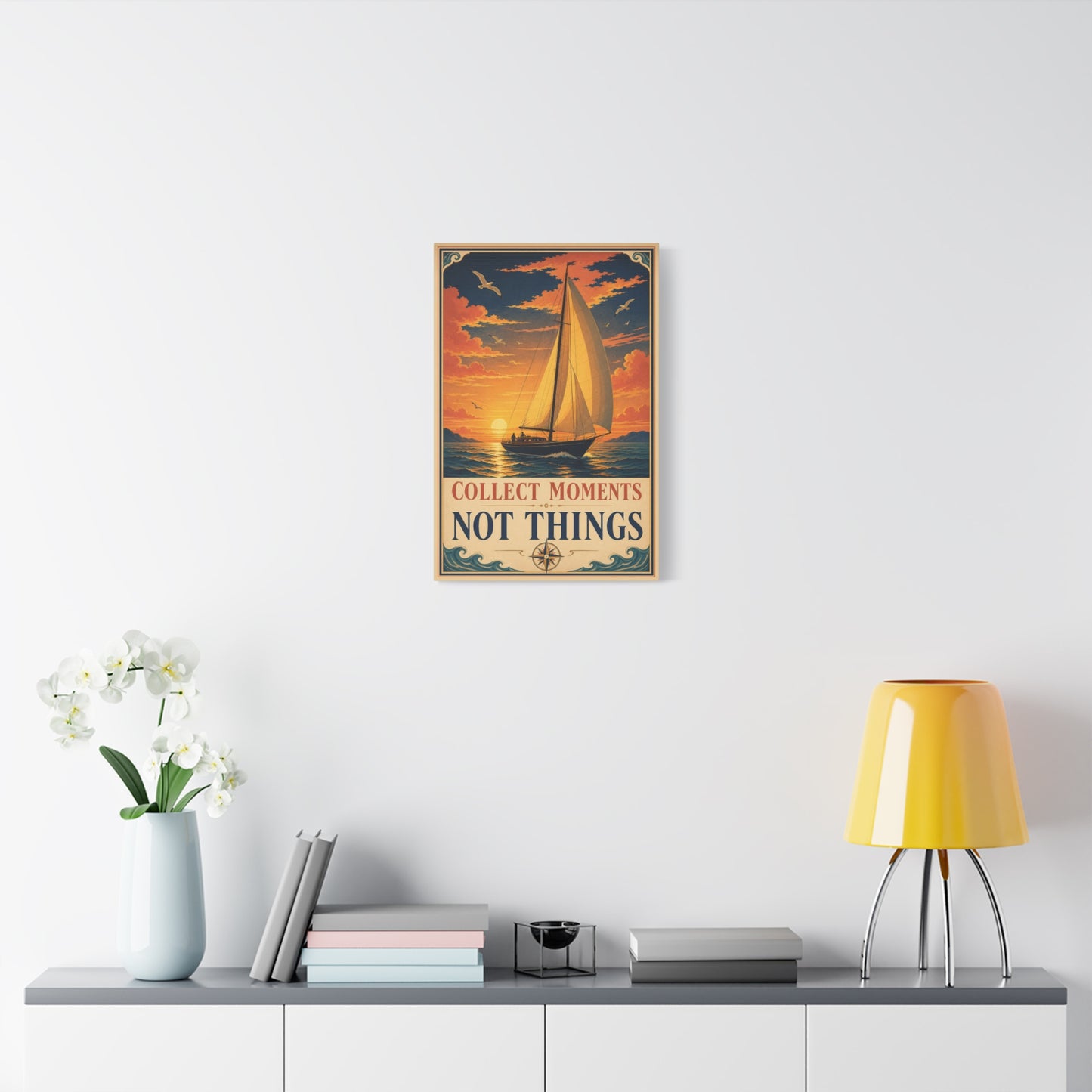 "Collect Moments Not Things" Sailboat Canvas Wall Art - Vintage Nautical Sunset Seascape, Inspirational Ocean Poster Style - Coastal Living Room Wall Decor, Bedroom Home Decoration - Ready to Hang