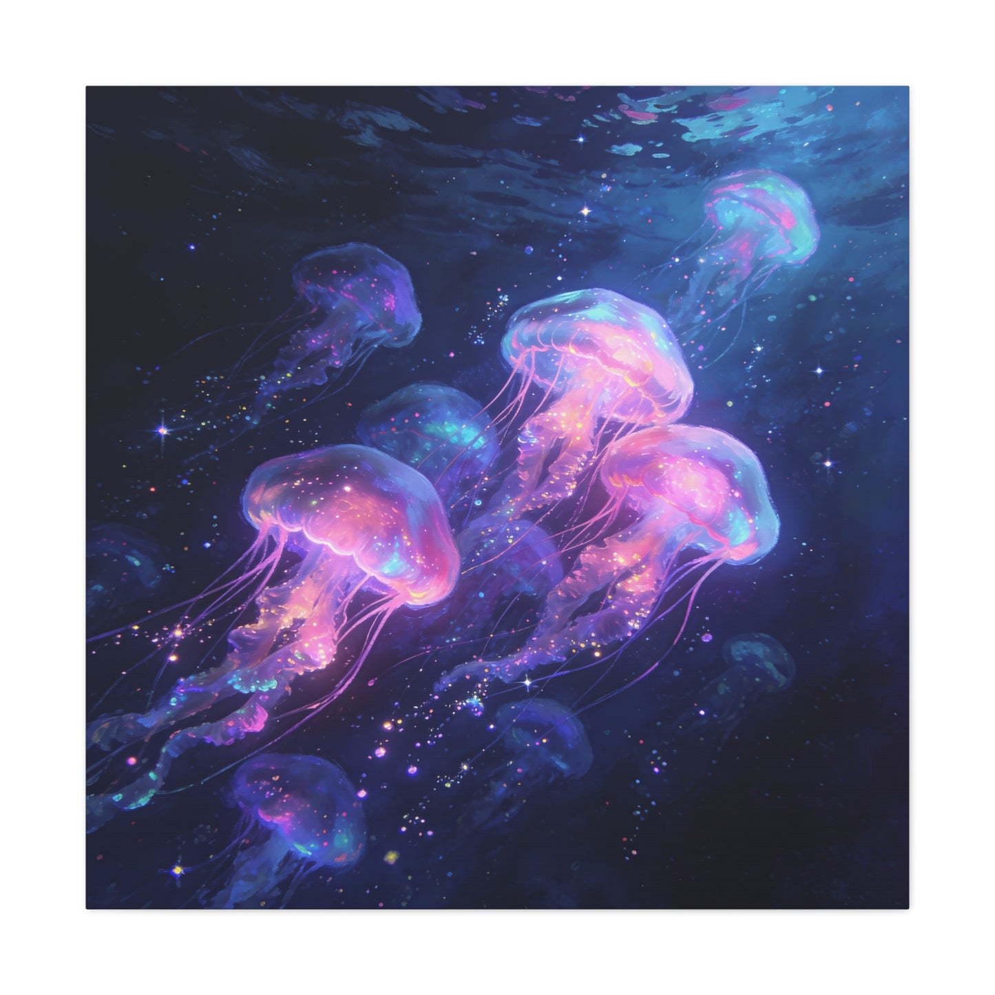 Glowing Jellyfish Canvas Wall Art - Ocean Fantasy Sea Life Decor, Luminous Pink Blue Artwork - Matte Canvas Print, Contemporary Style - Bedroom Wall Decor, Meditation Space Accent - Ready to Hang