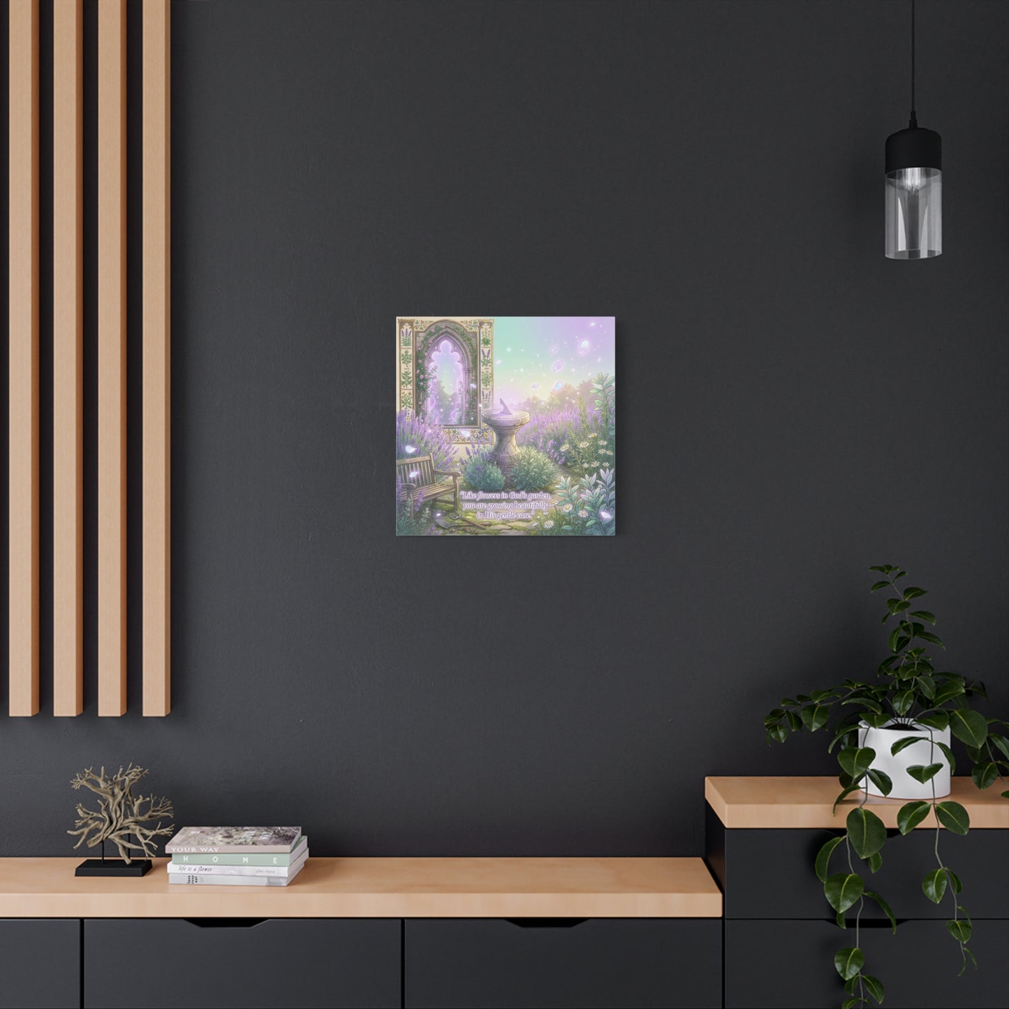 "Like Flowers In God's Garden, You Are Growing Beautifully In His Gentle Care" Canvas Wall Art - Lavender Garden Arch, Sundial Bench - Pastel Botanical Decor For Bedroom Living Room - Office Wall Art