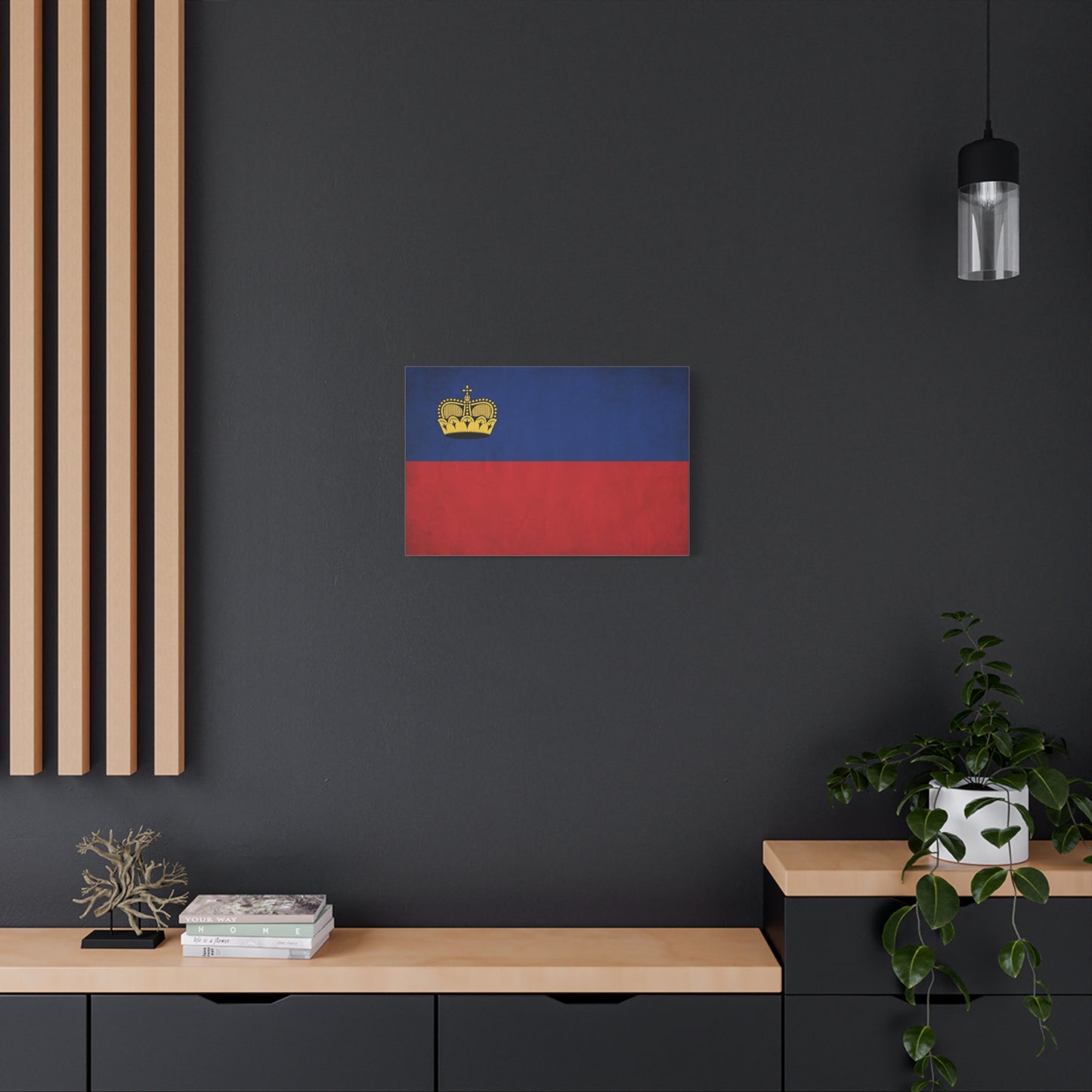 Liechtenstein Flag Canvas Wall Art - Blue Red Banner With Gold Crown - Minimalist National Print, Cotton Canvas Decor - Living Room Wall Decor, Bedroom Home Decoration - Bedroom Home Decoration