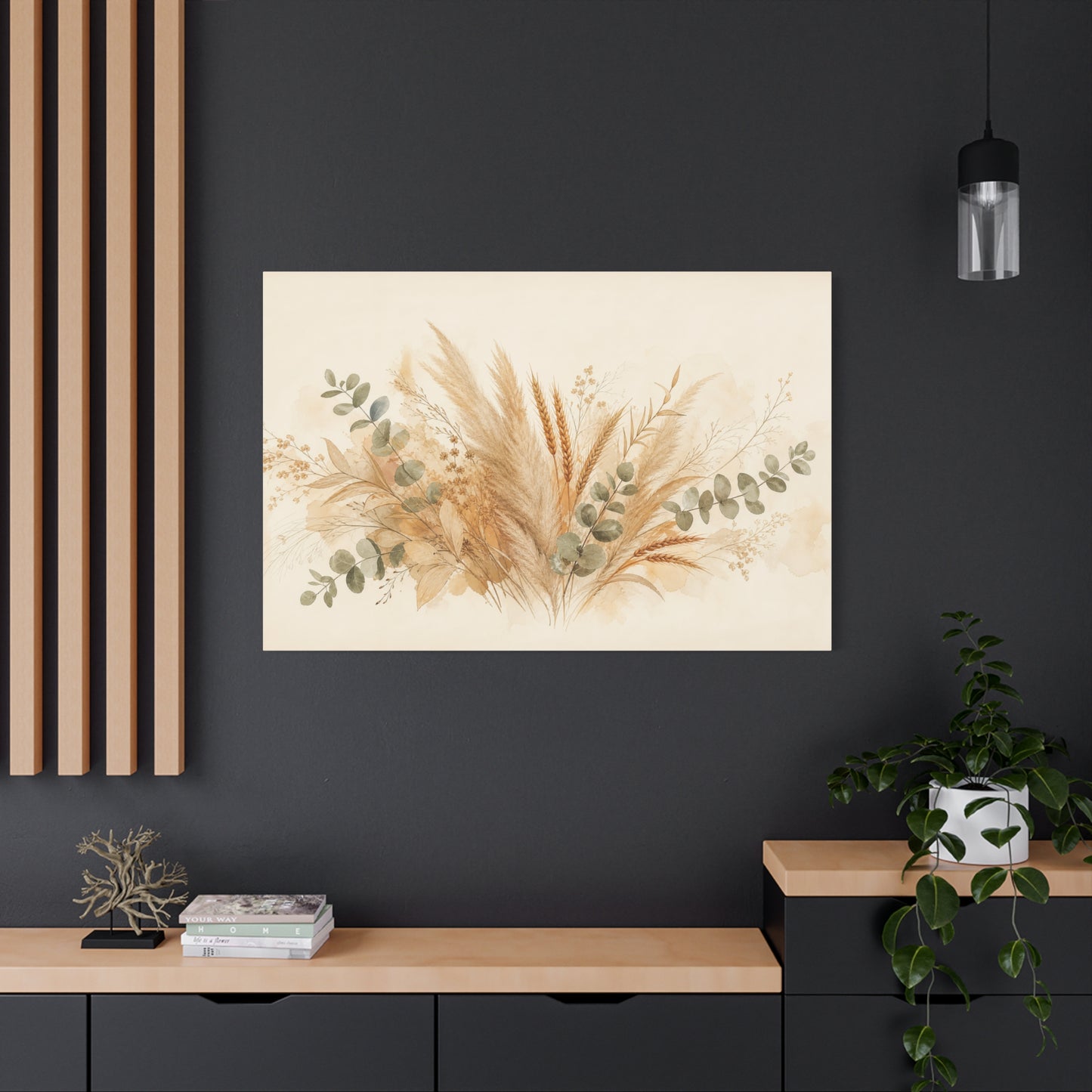Neutral Botanical Canvas Wall Art - Pampas Grass, Wheat Stems, Eucalyptus Print - Soft Beige Sage Floral Composition - Modern Farmhouse Style - Living Room Wall Decor, Bedroom Home Decoration