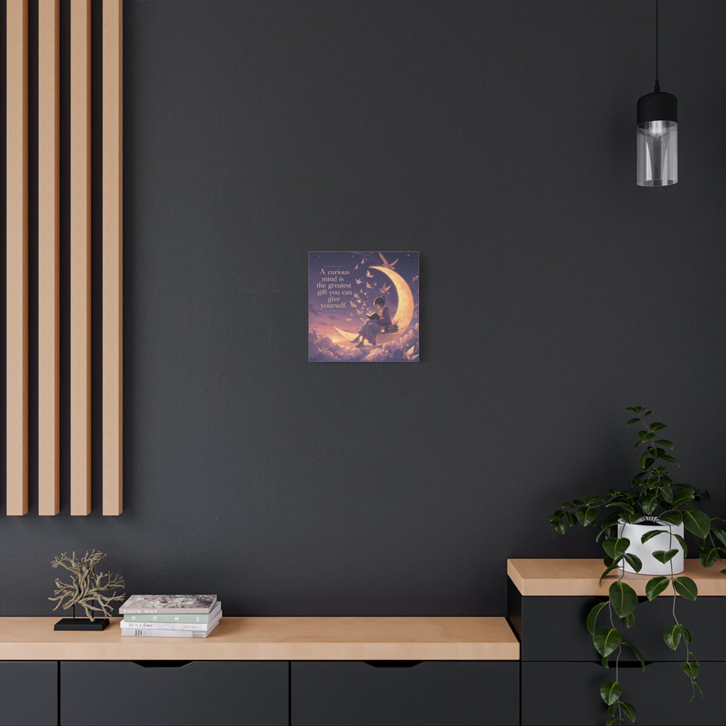 "A Curious Mind Is The Greatest You Can Give Yourself" Canvas Wall Art - Moon Reading Girl Quote Print, Dreamy Celestial Illustration - Bedroom Wall Decor, Home Office Accent - Ready to Hang