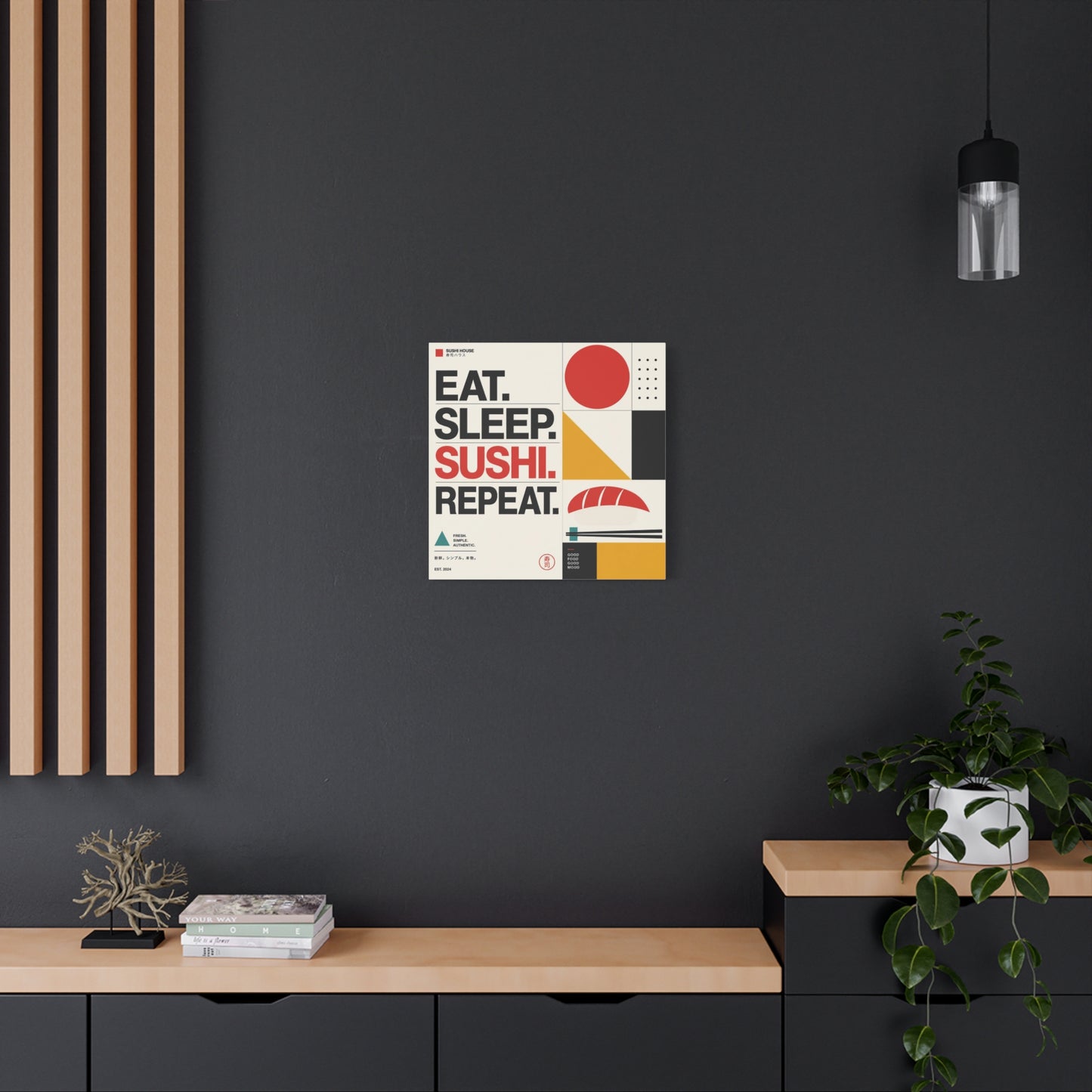 "Eat. Sleep. Sushi. Repeat." Sushi Canvas Wall Art - Japanese Typography Print, Geometric Food Poster Design - Modern Minimalist Cotton Canvas - Cafe Decor, Kitchen Accent, Dining Room Artwork