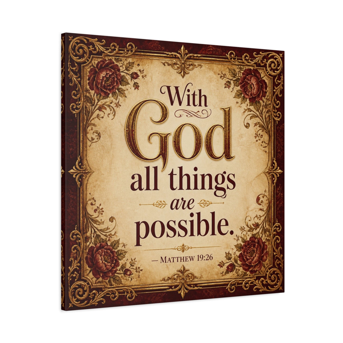 "With God All Things Are Possible. - Matthew 19:26" Christian Canvas Wall Art - Vintage Floral Scripture Print, Traditional Inspirational Decor, Living Room Bedroom Wall Hanging - Ready to Hang