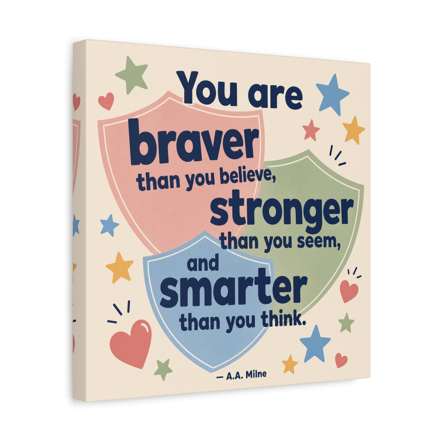 "You Are Braver, Stronger, Smarter" Quote Canvas Wall Art - Kids Inspirational Typography Print, Pastel Shield Stars Hearts Design - Nursery Bedroom Classroom Decor - Office Wall Art - Ready to Hang