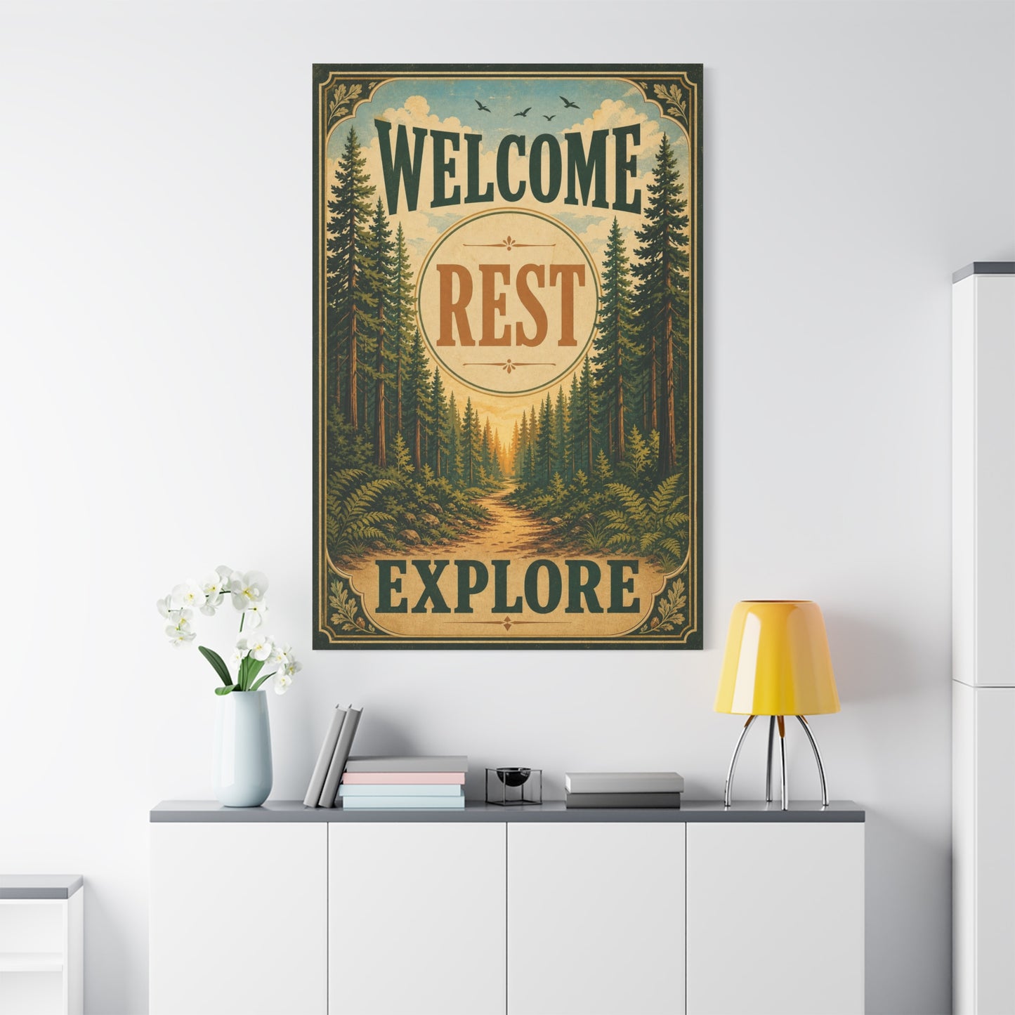 "Welcome Rest Explore" Forest Canvas Art Print - Vintage Pine Path Landscape Decor - Rustic Cabin Style, Nature Home Accent, Entryway Decoration, Lodge Interior Piece - Living Room Wall Decor
