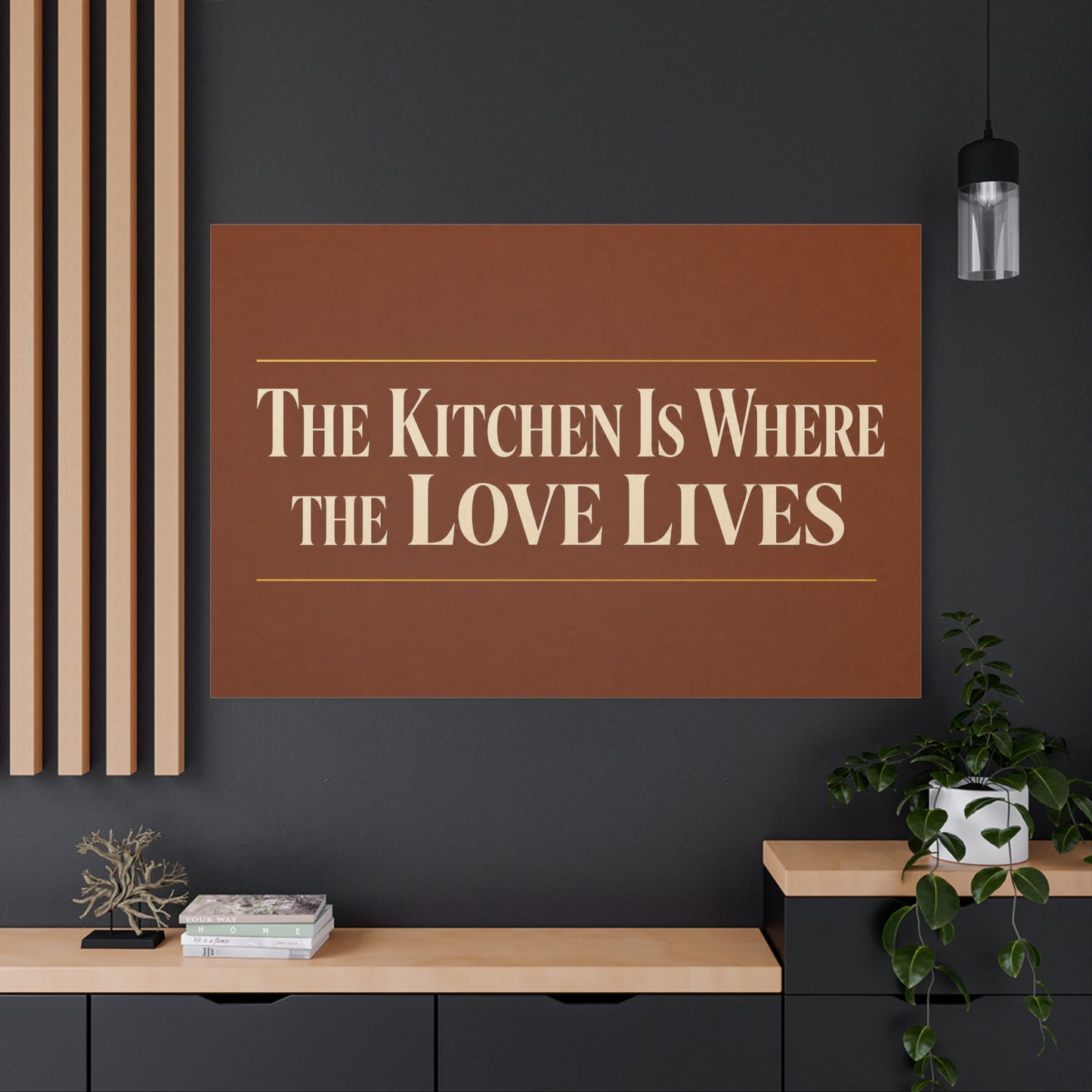 "The Kitchen Is Where The Love Lives" Canvas Wall Art - Typography Kitchen Decor, Brown Minimalist Quote Print, Farmhouse Dining Room Decoration - Living Room Wall Decor - Bedroom Home Decoration
