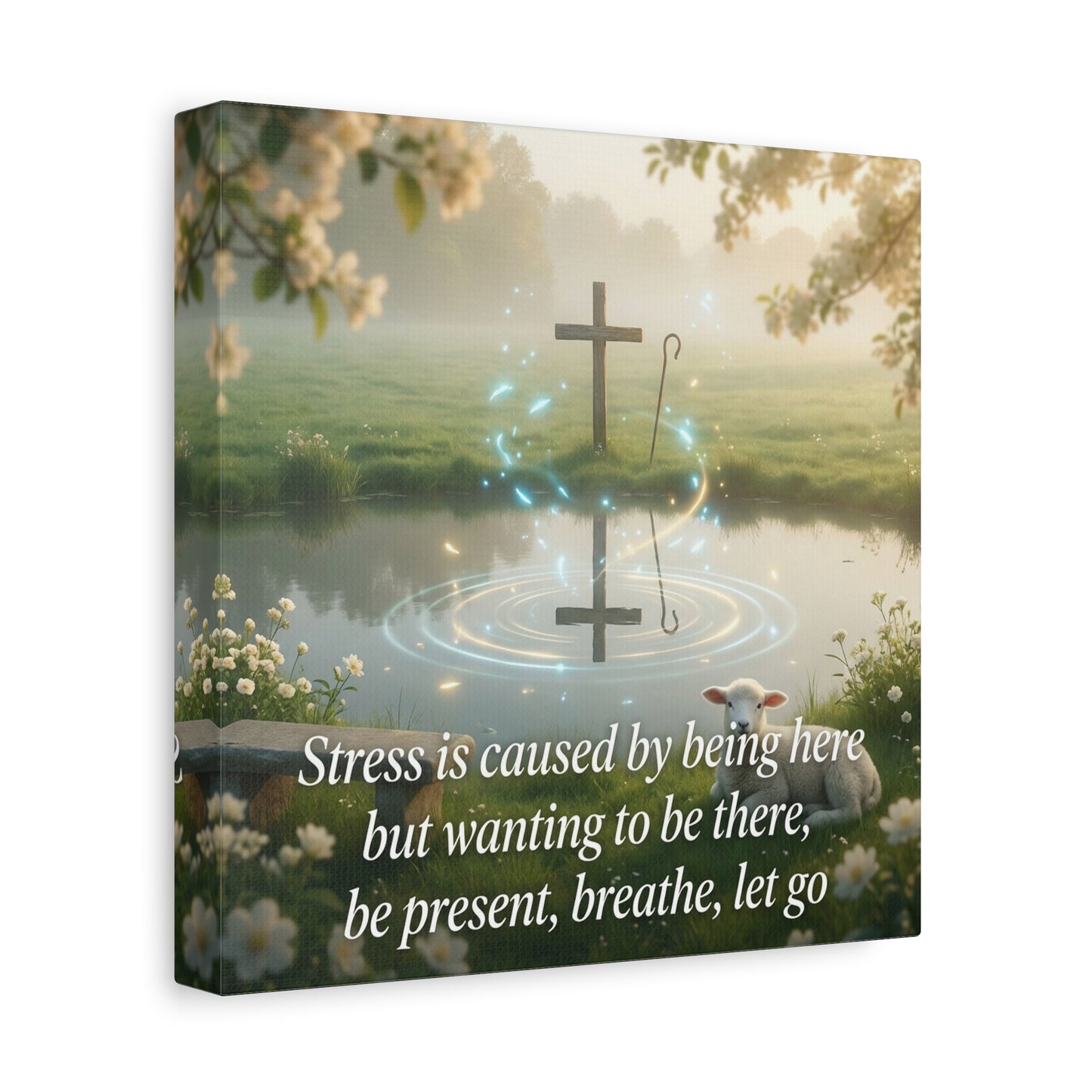 "Stress is caused by being here but wanting to be there, be present, breathe, let go" Cross Canvas Wall Art - Christian Inspirational Pond Scene - Traditional Style - Bedroom Wall Decor